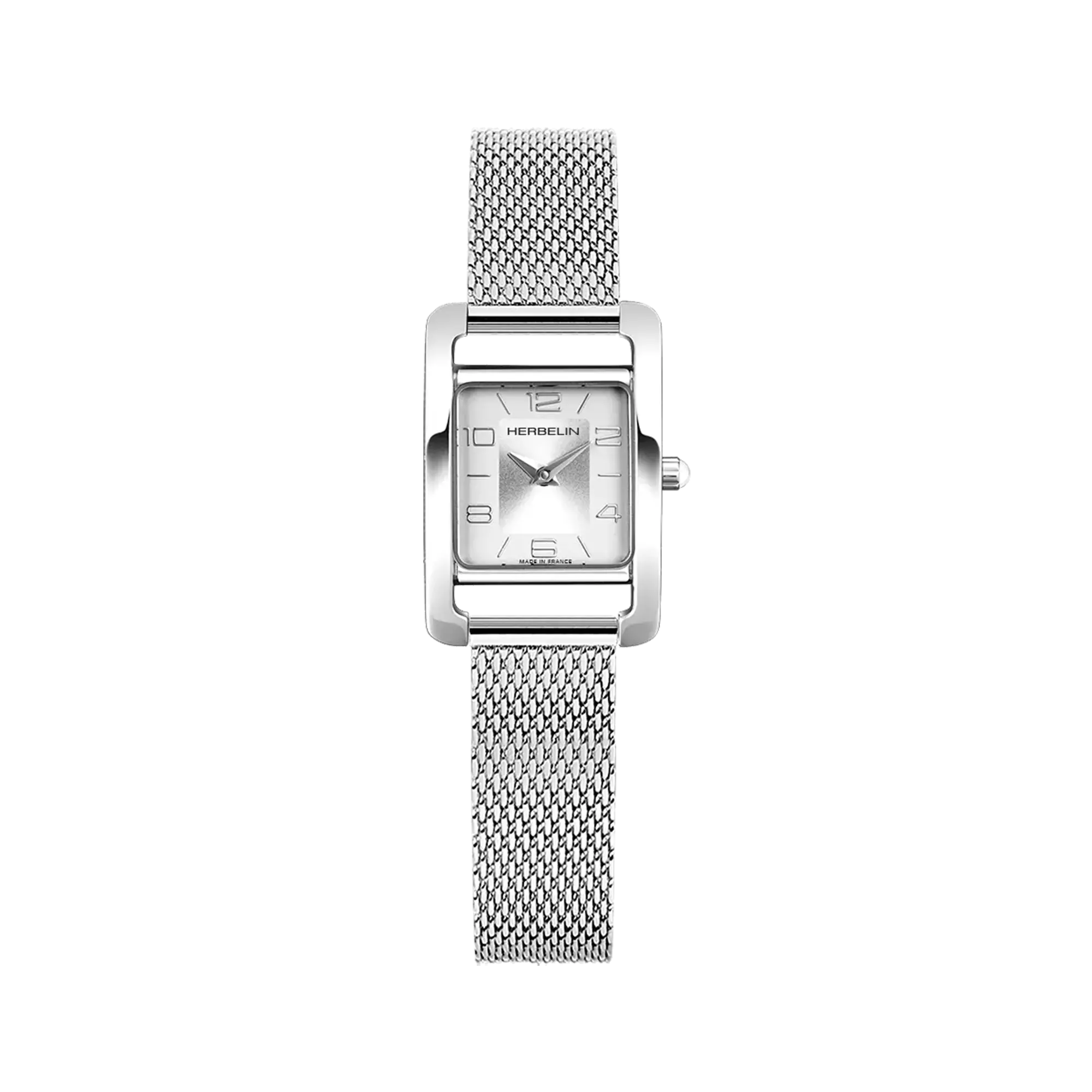 Ve Avenue, cadran argent brossé vertical, boîtier rectangle acier, bracelet acier