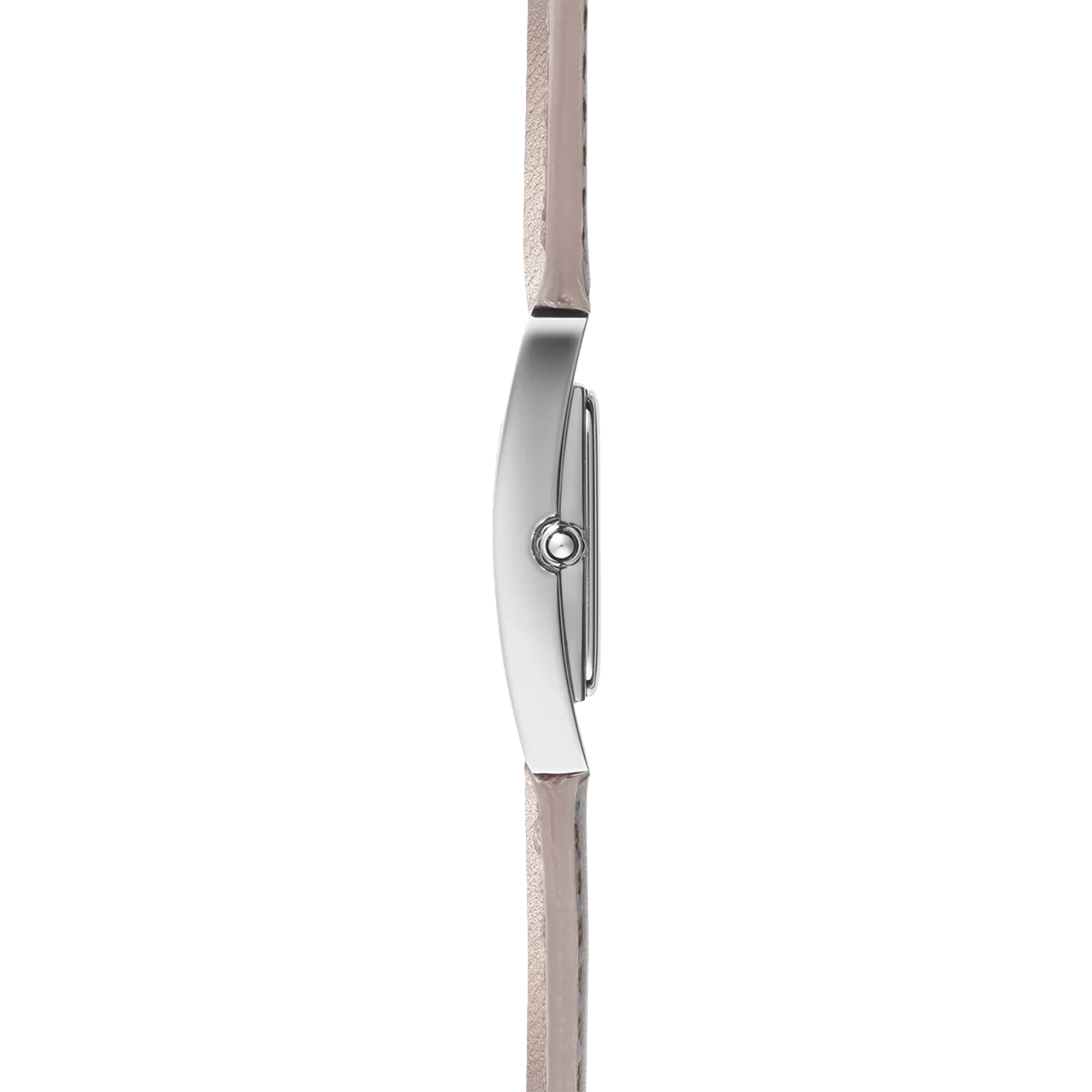 Vue de profil, tranche acier, couronne et attaches du bracelet cuir