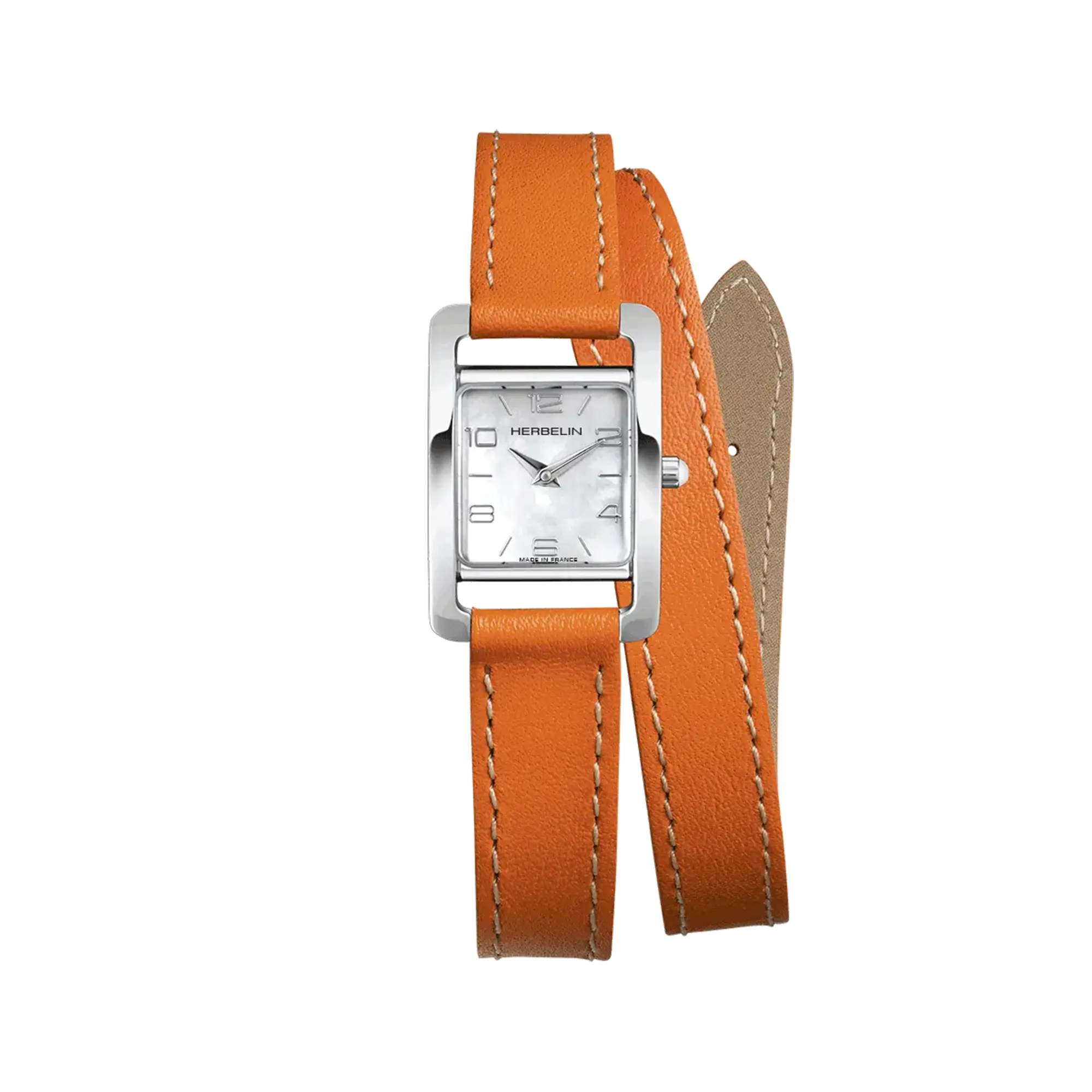 Ve Avenue, cadran nacre blanche, boîtier rectangle acier, bracelet cuir