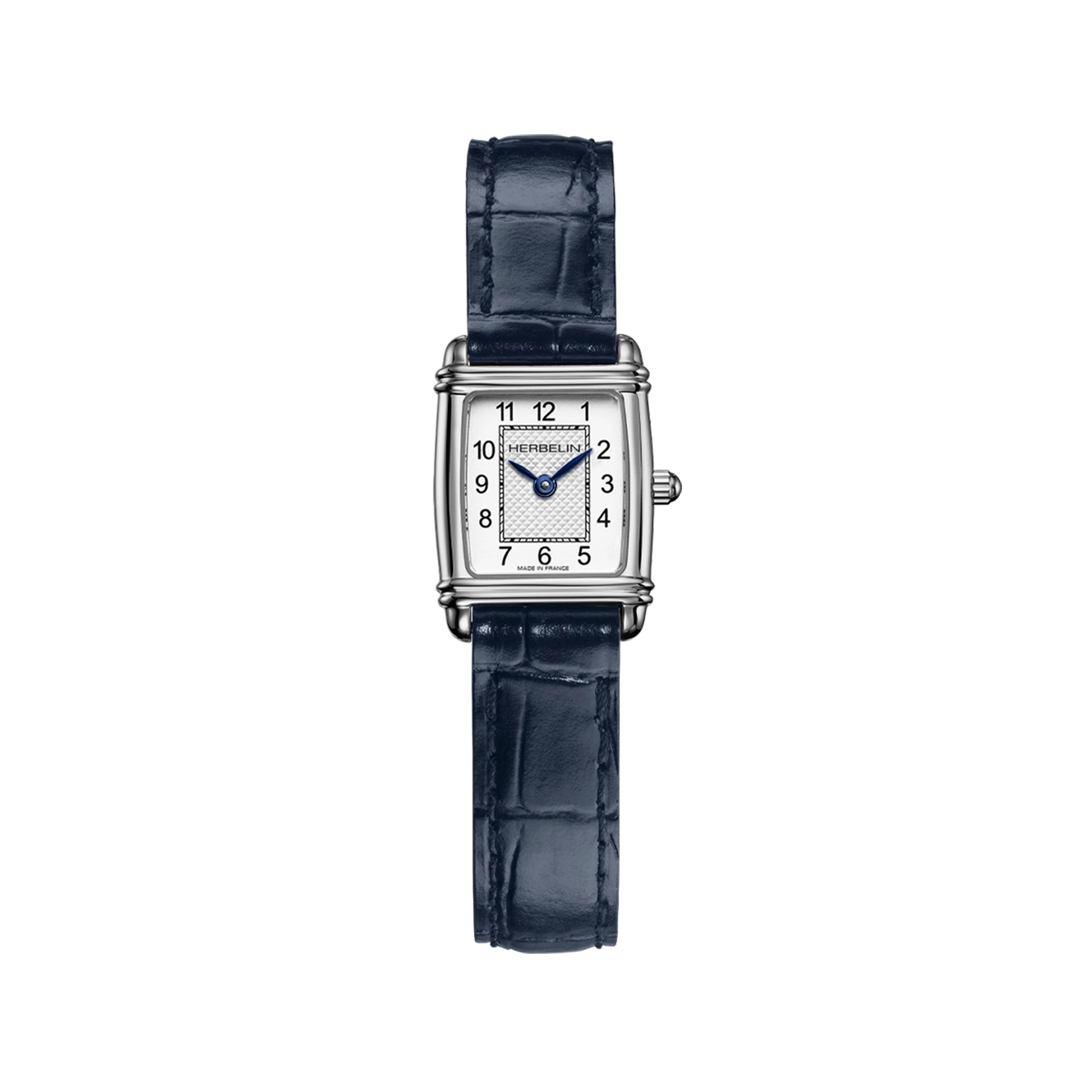 Art Déco, cadran argent guilloché, boîtier rectangle acier, bracelet cuir