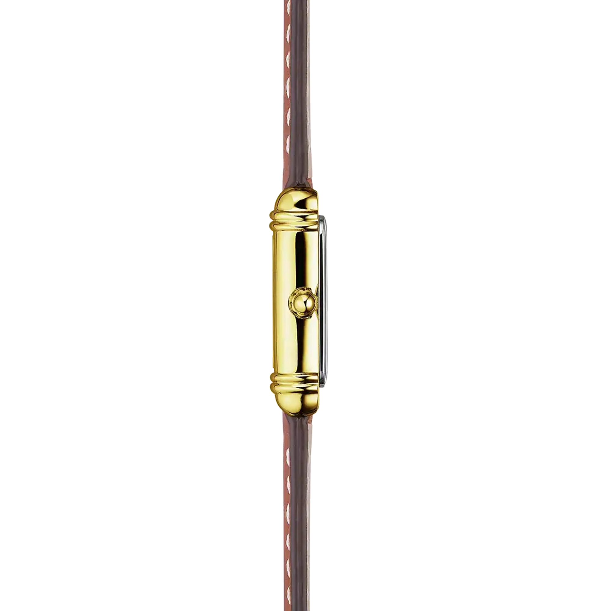 Vue de profil, tranche acier PVD or jaune, couronne et attaches du bracelet cuir
