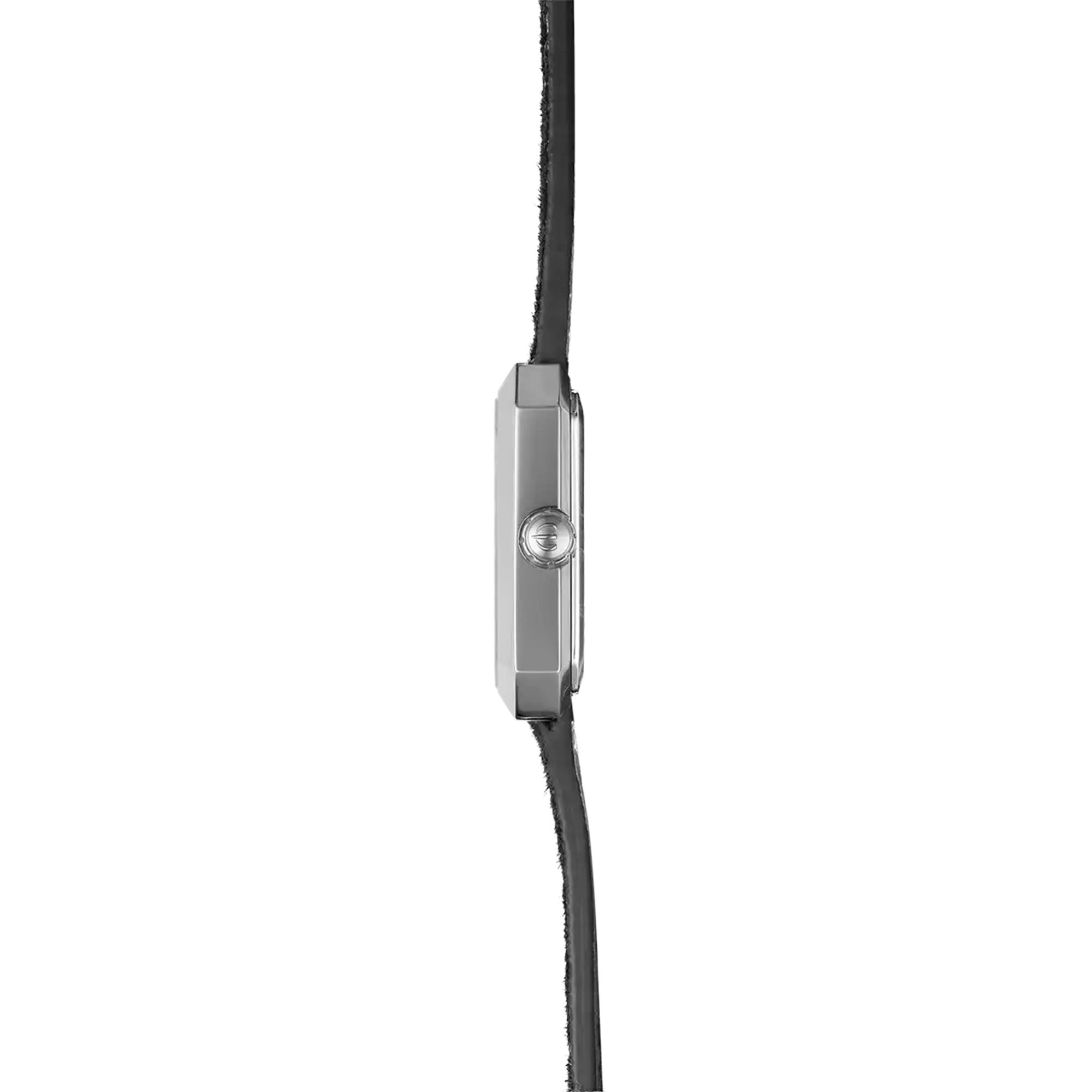 Vue de profil, tranche acier, couronne et attaches du bracelet cuir