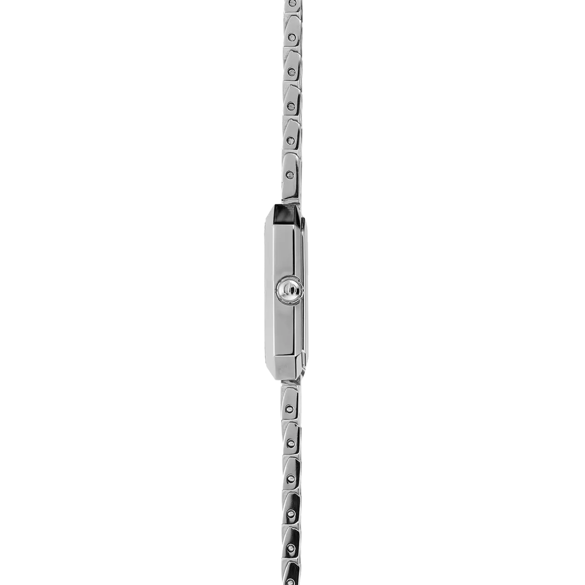 Vue de profil, tranche acier, couronne et attaches du bracelet acier