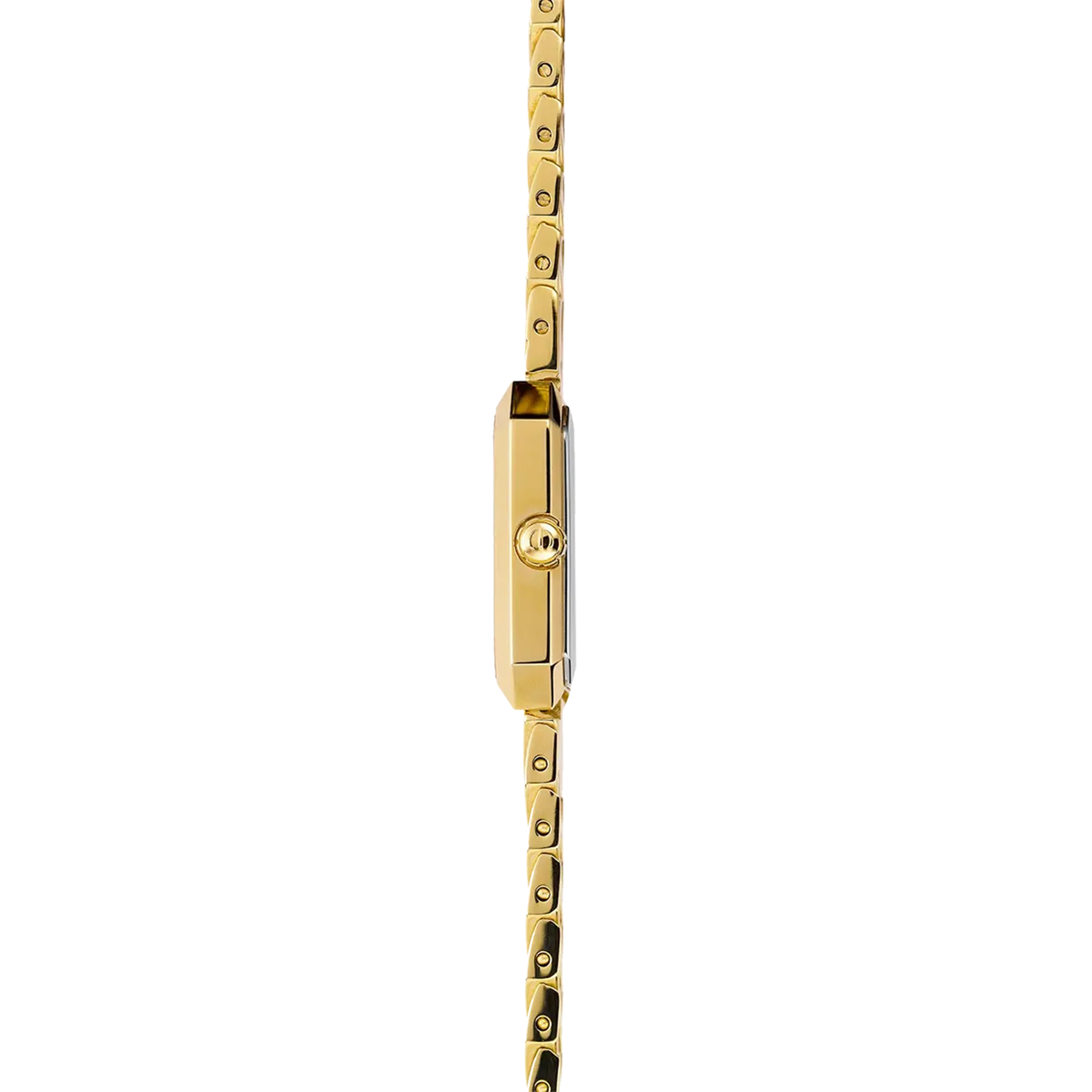 Vue de profil, tranche acier PVD or jaune, couronne et attaches du bracelet acier bicolore