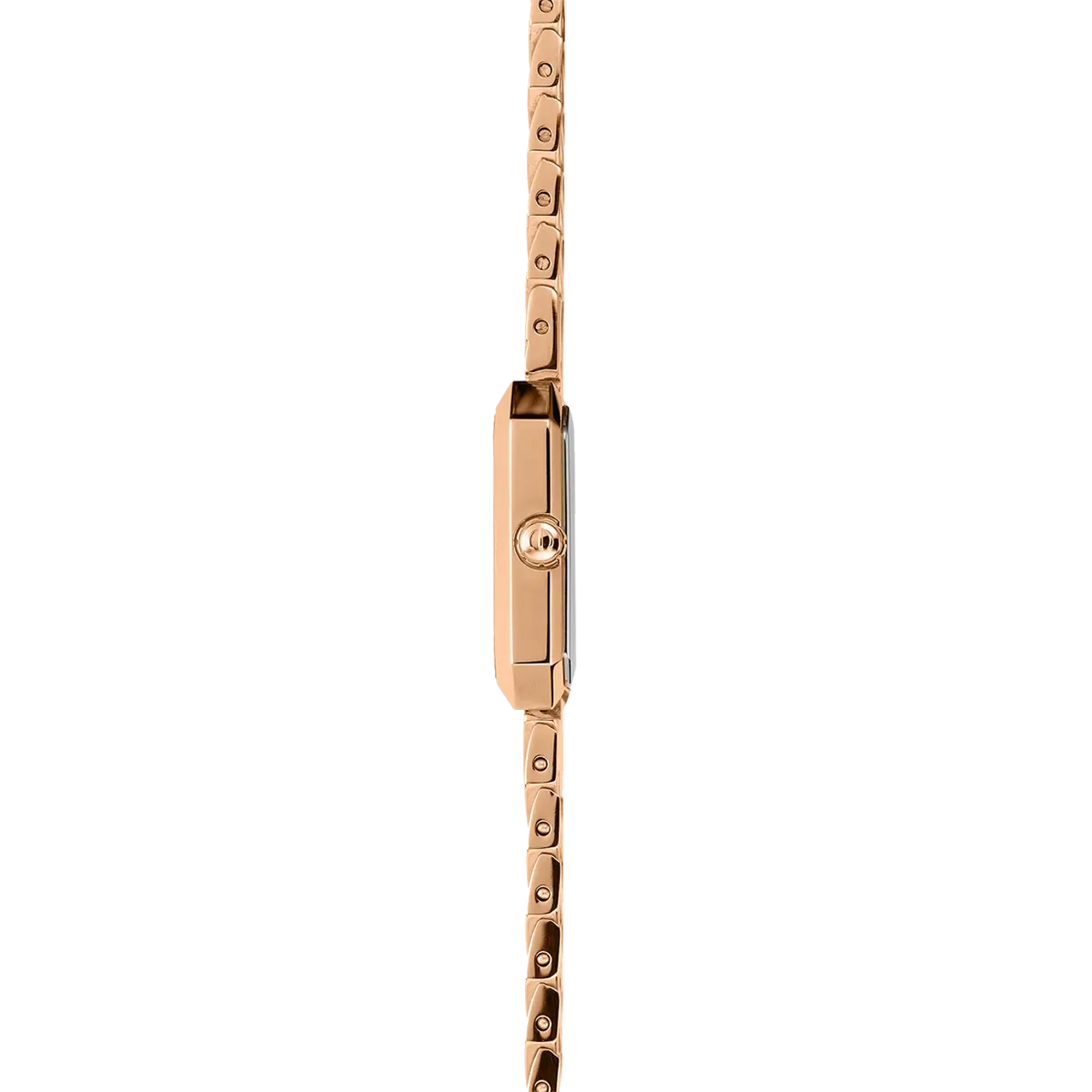 Vue de profil, tranche acier PVD or rose, couronne et attaches du bracelet acier PVD or rose