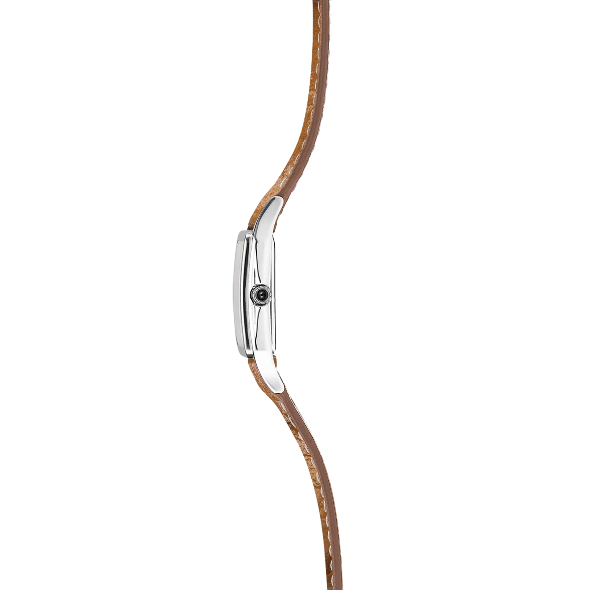 Vue de profil, tranche acier, couronne et attaches du bracelet cuir