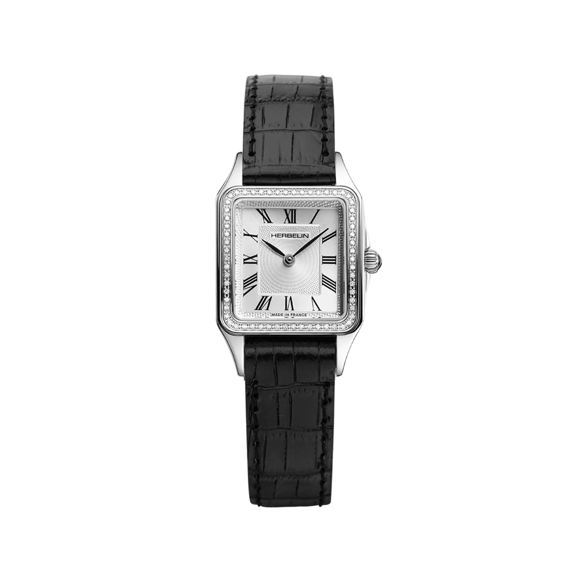 Luna, cadran argent blanc, boîtier carré acier, bracelet cuir