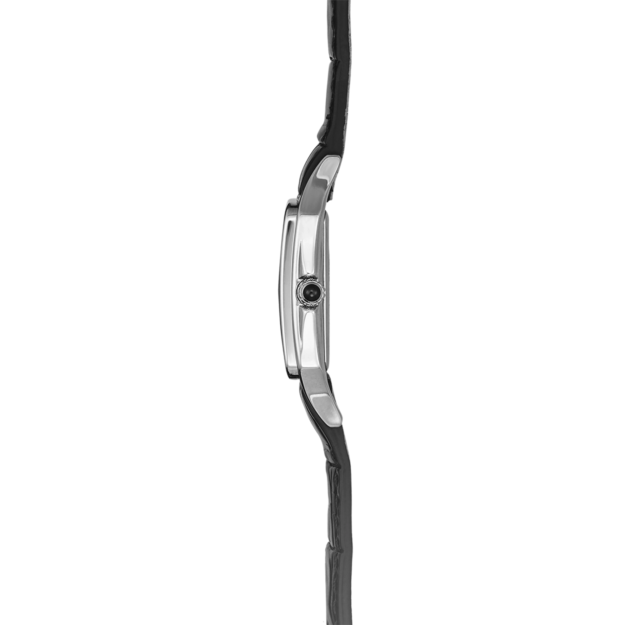 Vue de profil, tranche acier, couronne et attaches du bracelet cuir
