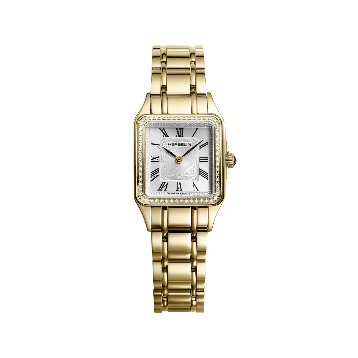 Luna, cadran argent blanc guilloché, boîtier acier PVD or jaune carré, bracelet acier PVD or jaune