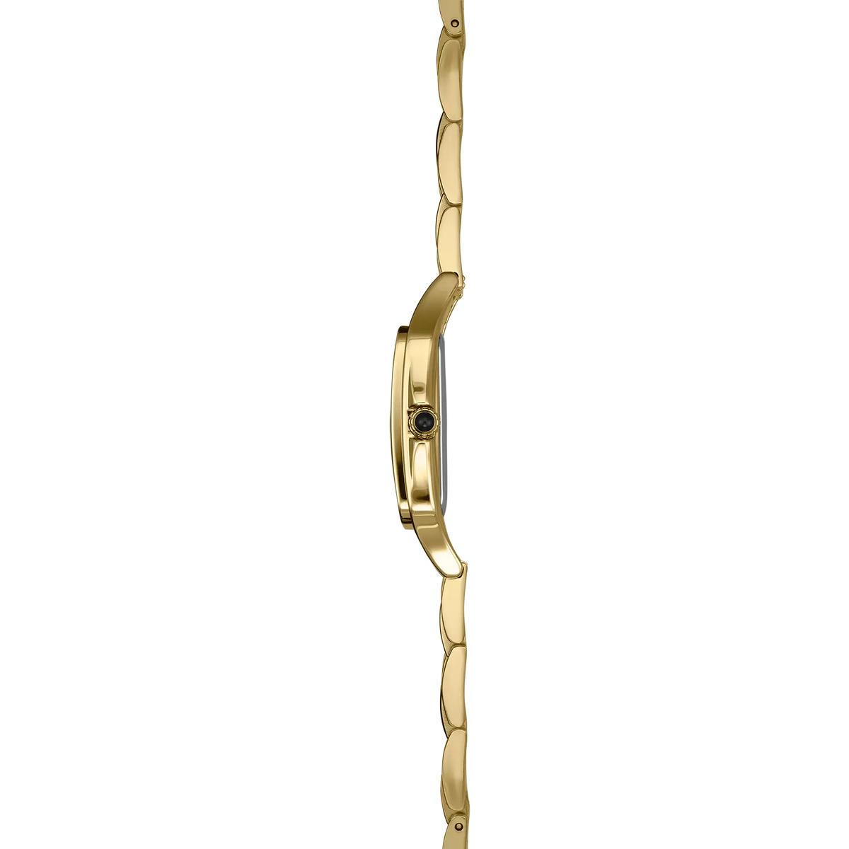 Vue de profil, tranche acier PVD or jaune, couronne et attaches du bracelet acier PVD or jaune