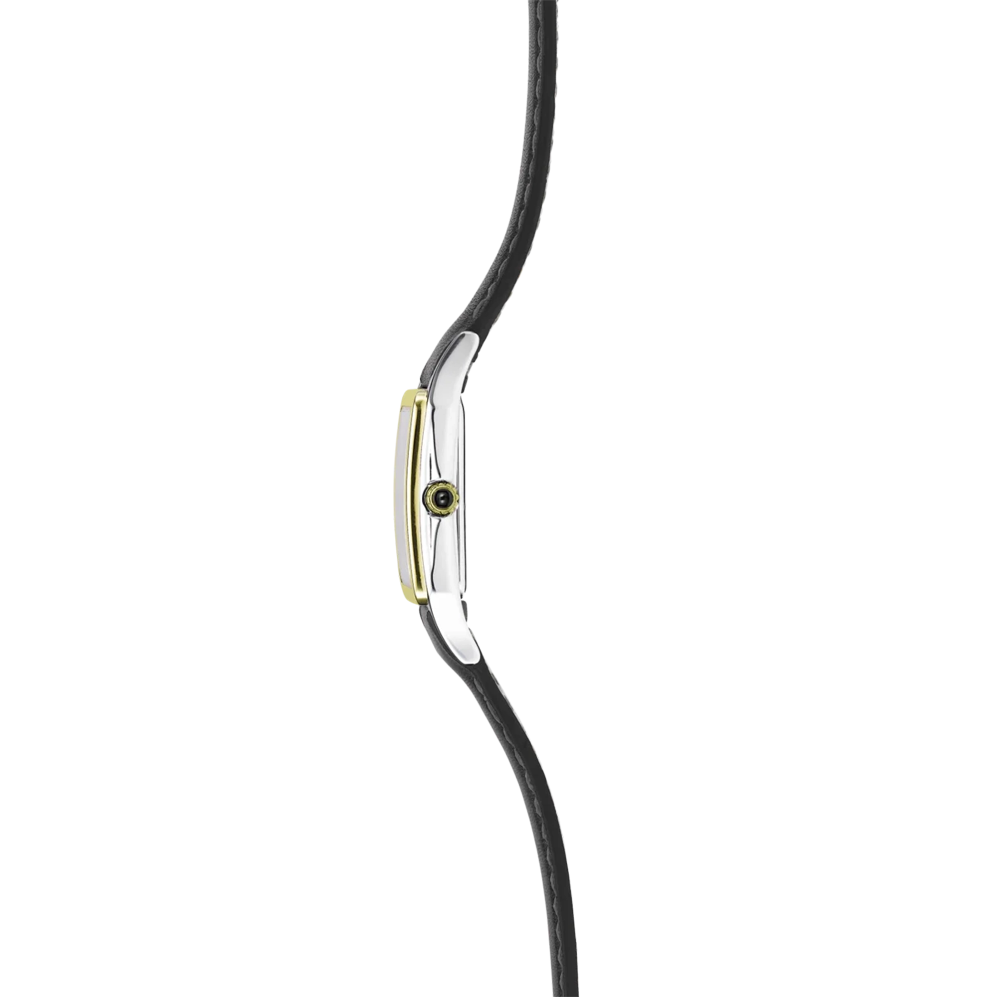 Vue de profil, tranche acier PVD or jaune, couronne et attaches du bracelet cuir