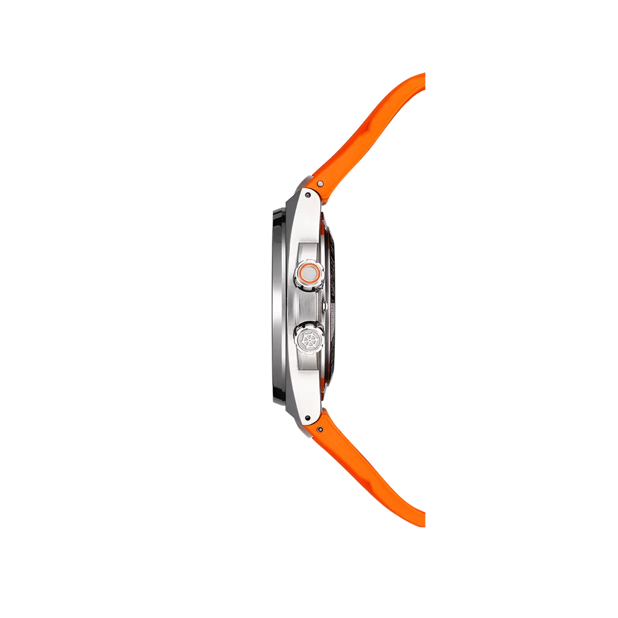 Vue de profil, tranche acier, couronne et attaches du bracelet caoutchouc