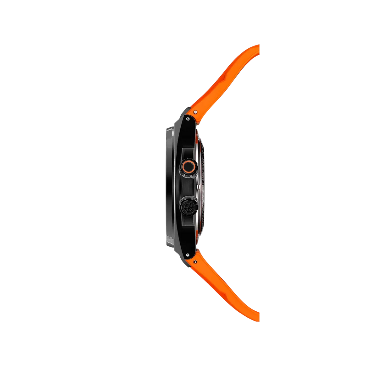 Profile view, steel edge, crown and rubber strap attachments