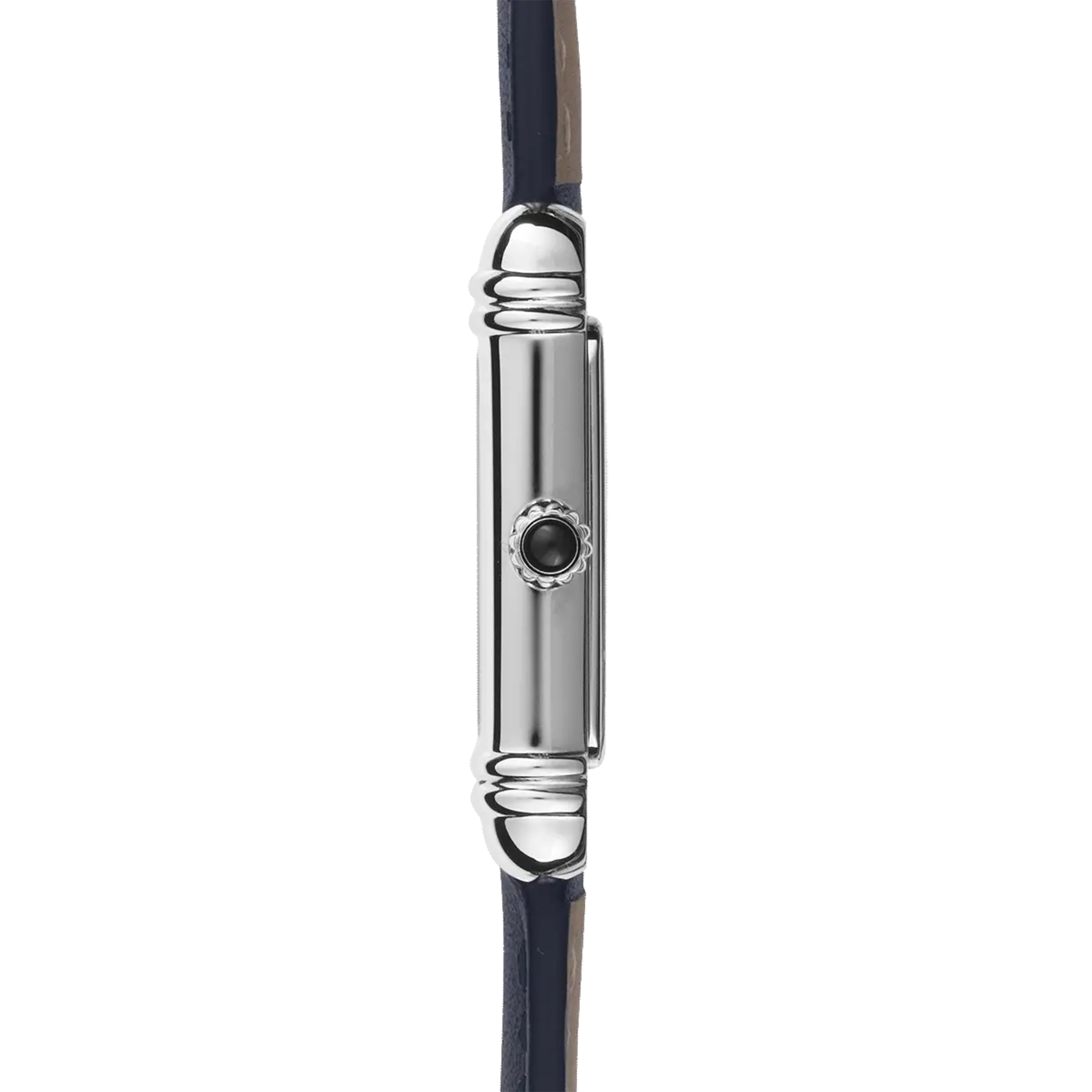Vue de profil, tranche acier, couronne et attaches du bracelet cuir