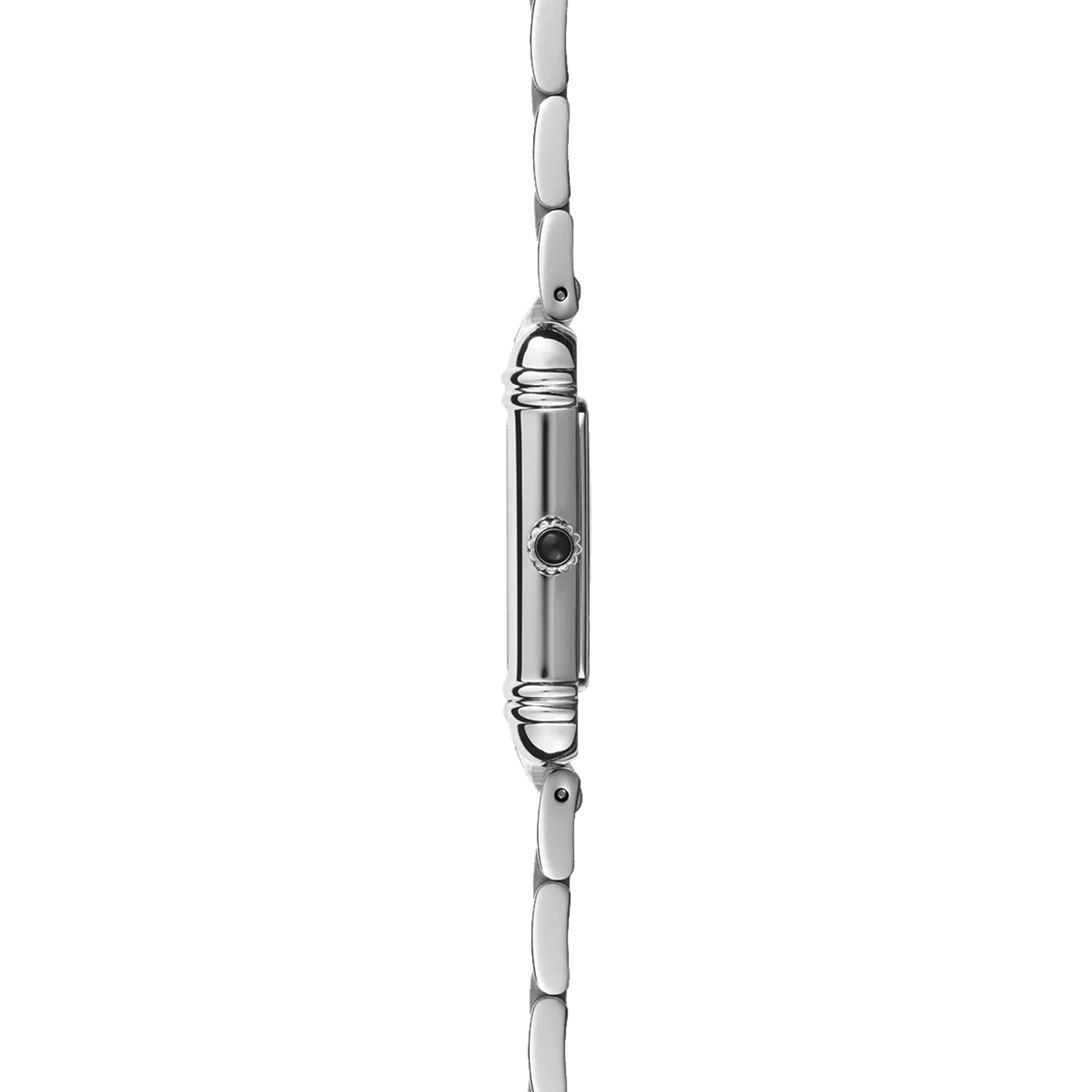 Vue de profil, tranche acier, couronne et attaches du bracelet acier