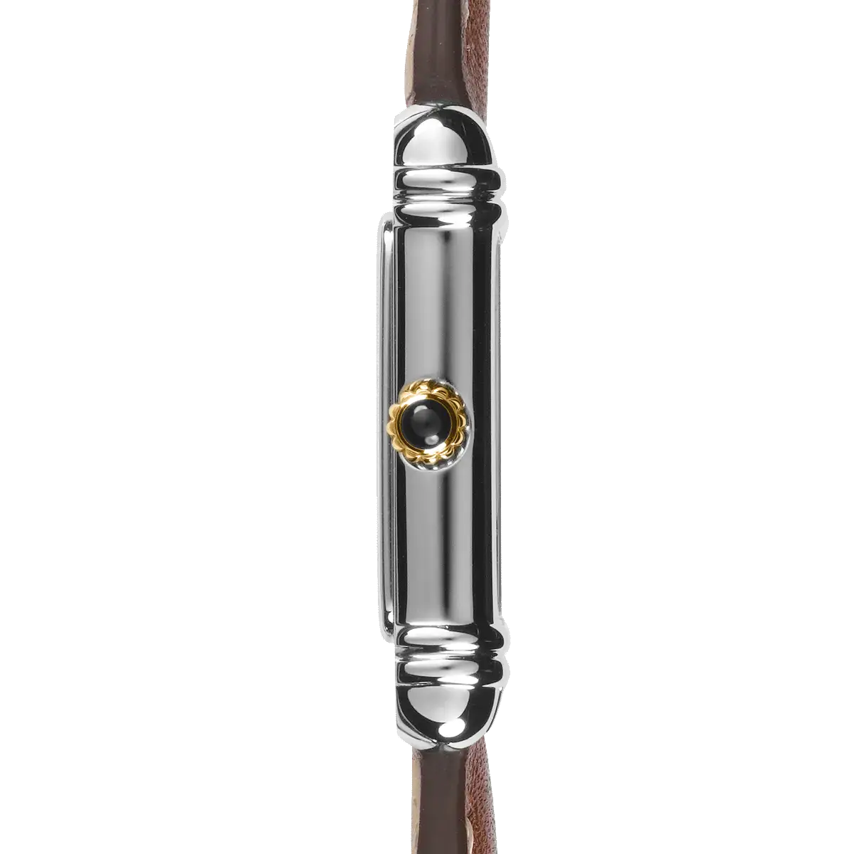 Profile view, two-tone steel bezel, cabochon crown, and camel leather strap lugs