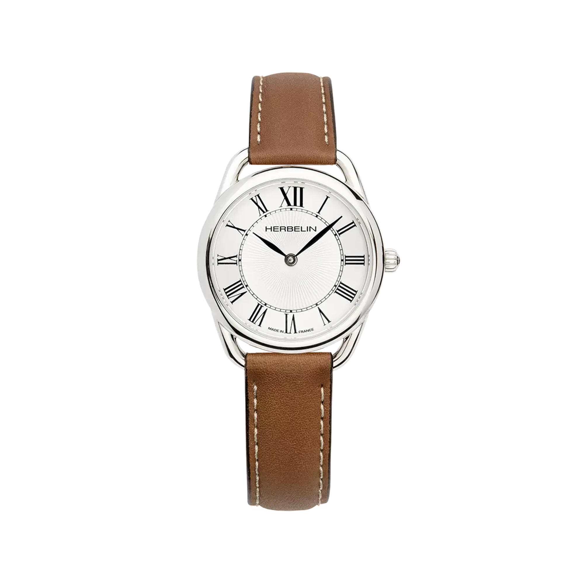 Équinoxe, cadran argent guilloché, boîtier acier rond, bracelet cuir