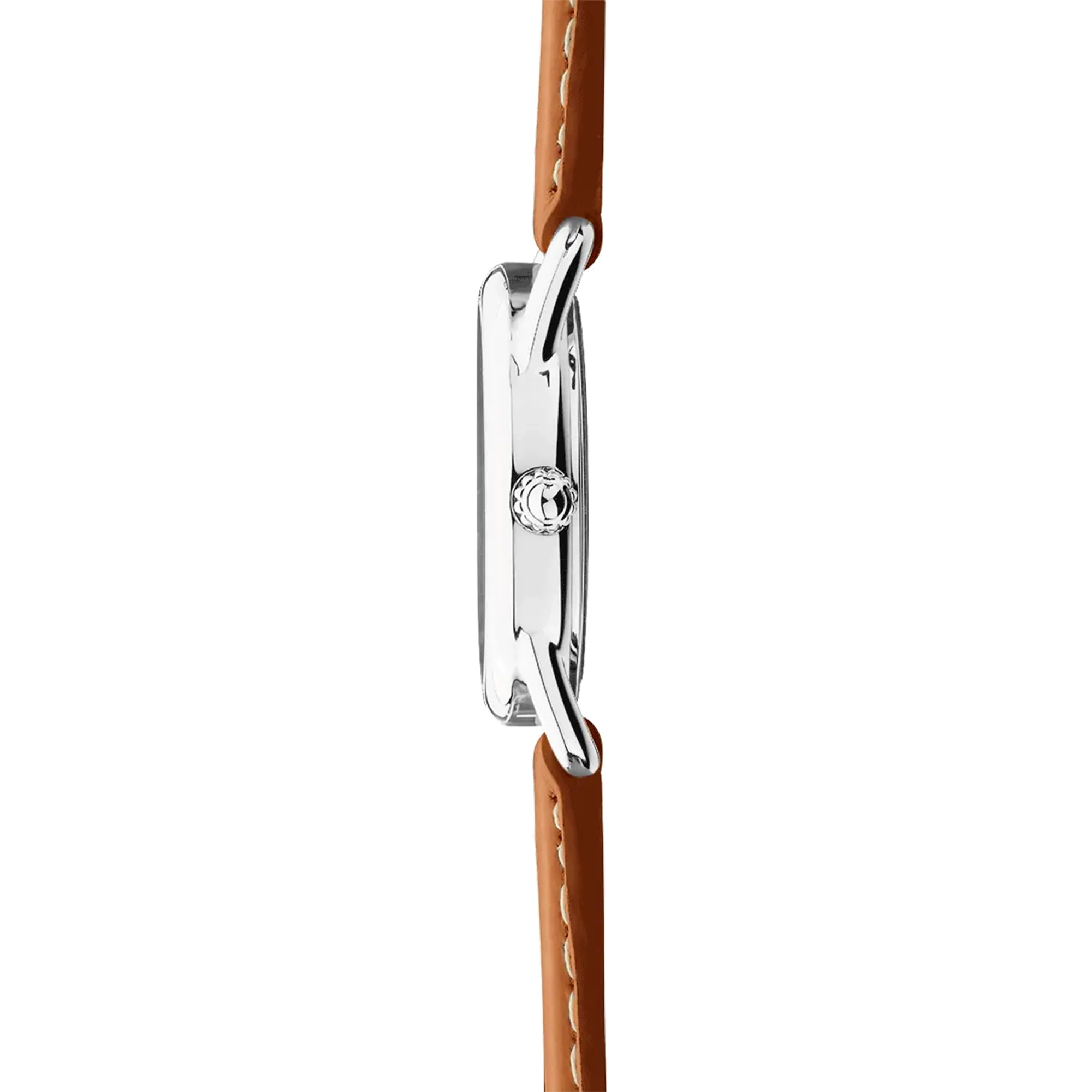 Vue de profil, tranche acier, couronne et attaches du bracelet cuir