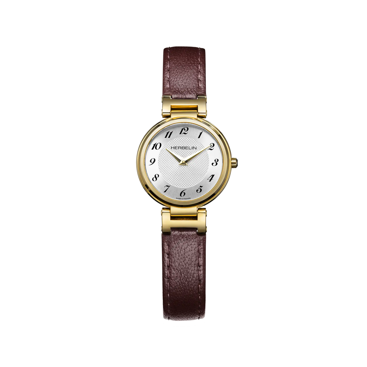 Lady H, cadran argent blanc guilloché, boîtier acier PVD or jaune rond, bracelet cuir