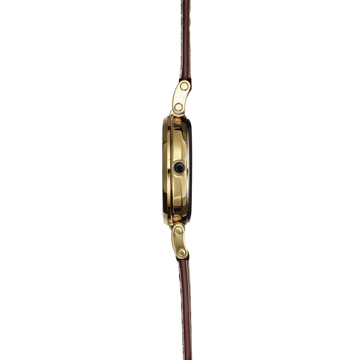 Vue de profil, tranche acier PVD or jaune, couronne et attaches du bracelet cuir