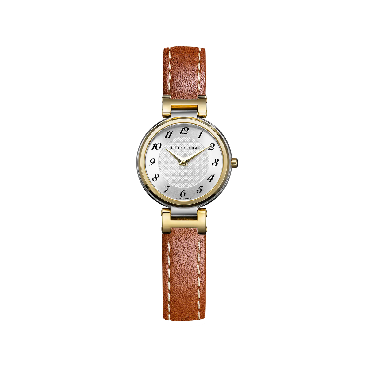 Lady H, cadran argent blanc guilloché, boîtier acier PVD or jaune rond, bracelet cuir