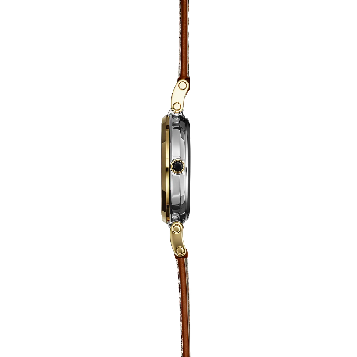 Vue de profil, tranche acier PVD or jaune, couronne et attaches du bracelet cuir