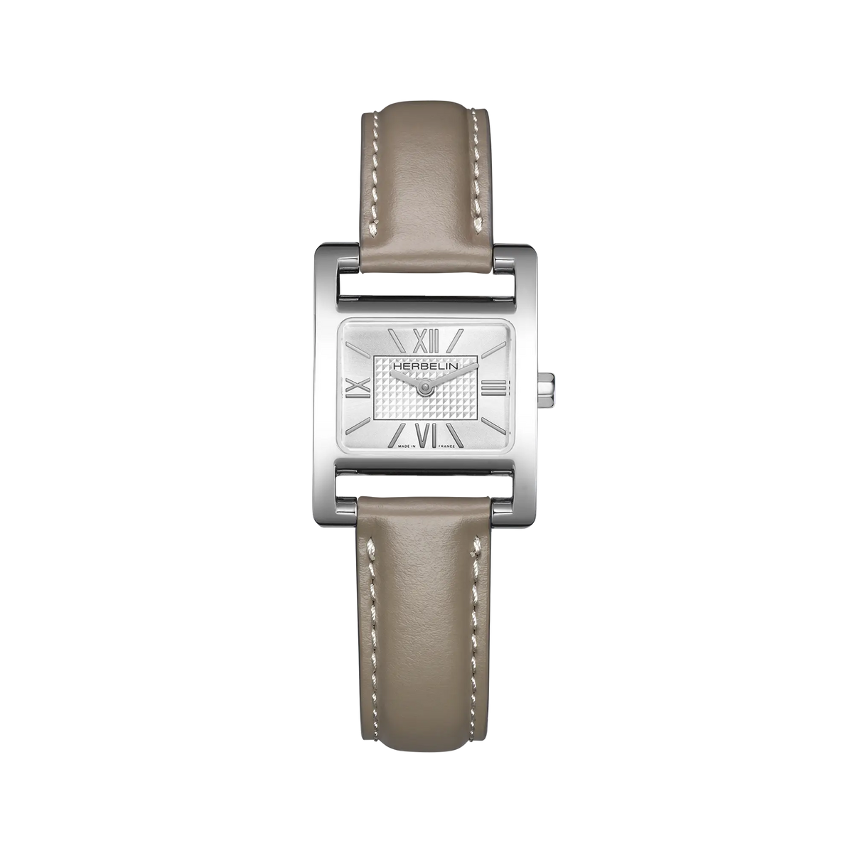 Ve Avenue, cadran argent blanc guilloché, boîtier acier rectangle, bracelet cuir