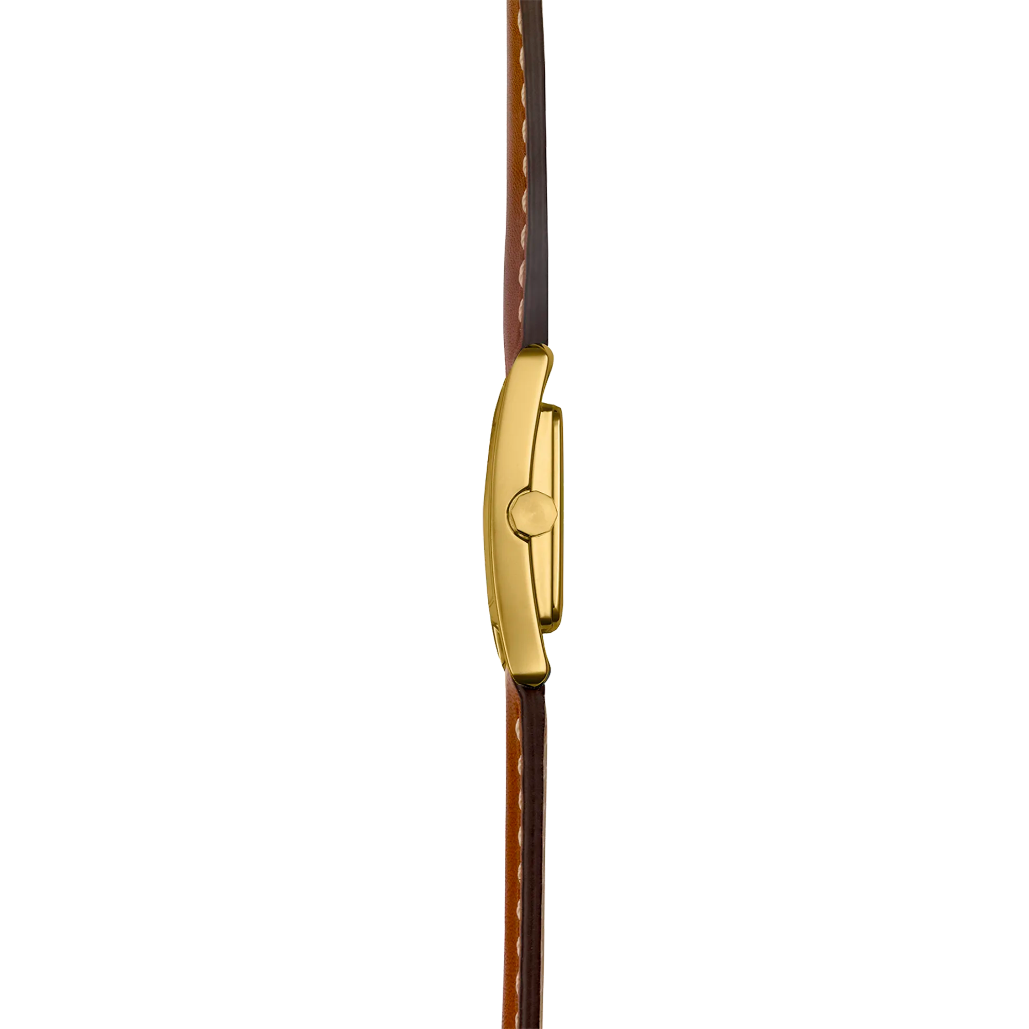 Vue de profil, tranche acier PVD or jaune, couronne et attaches du bracelet cuir