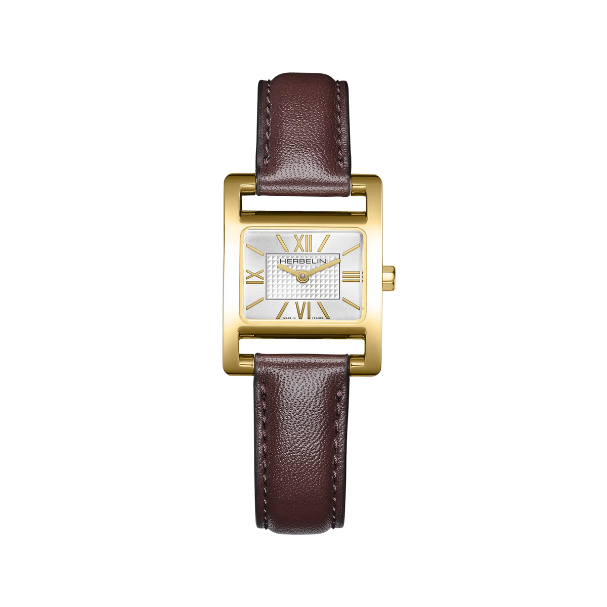 Ve Avenue, cadran argent blanc guilloché, boîtier acier PVD or jaune rectangle, bracelet cuir