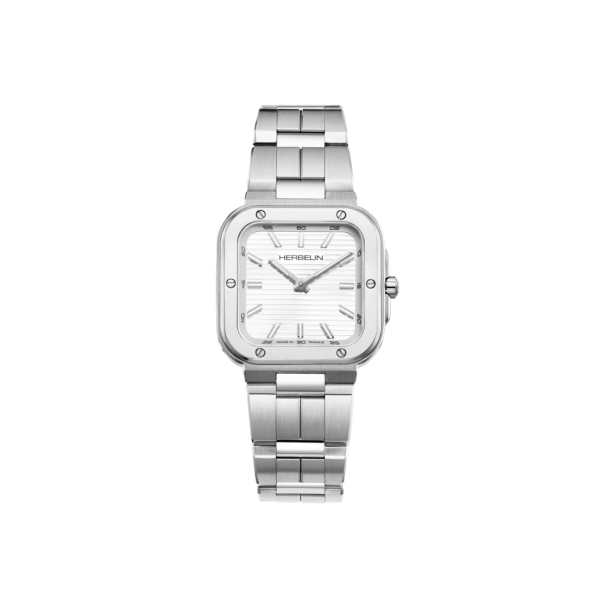 Cap Camarat, cadran argent blanc, boîtier carré acier, bracelet acier