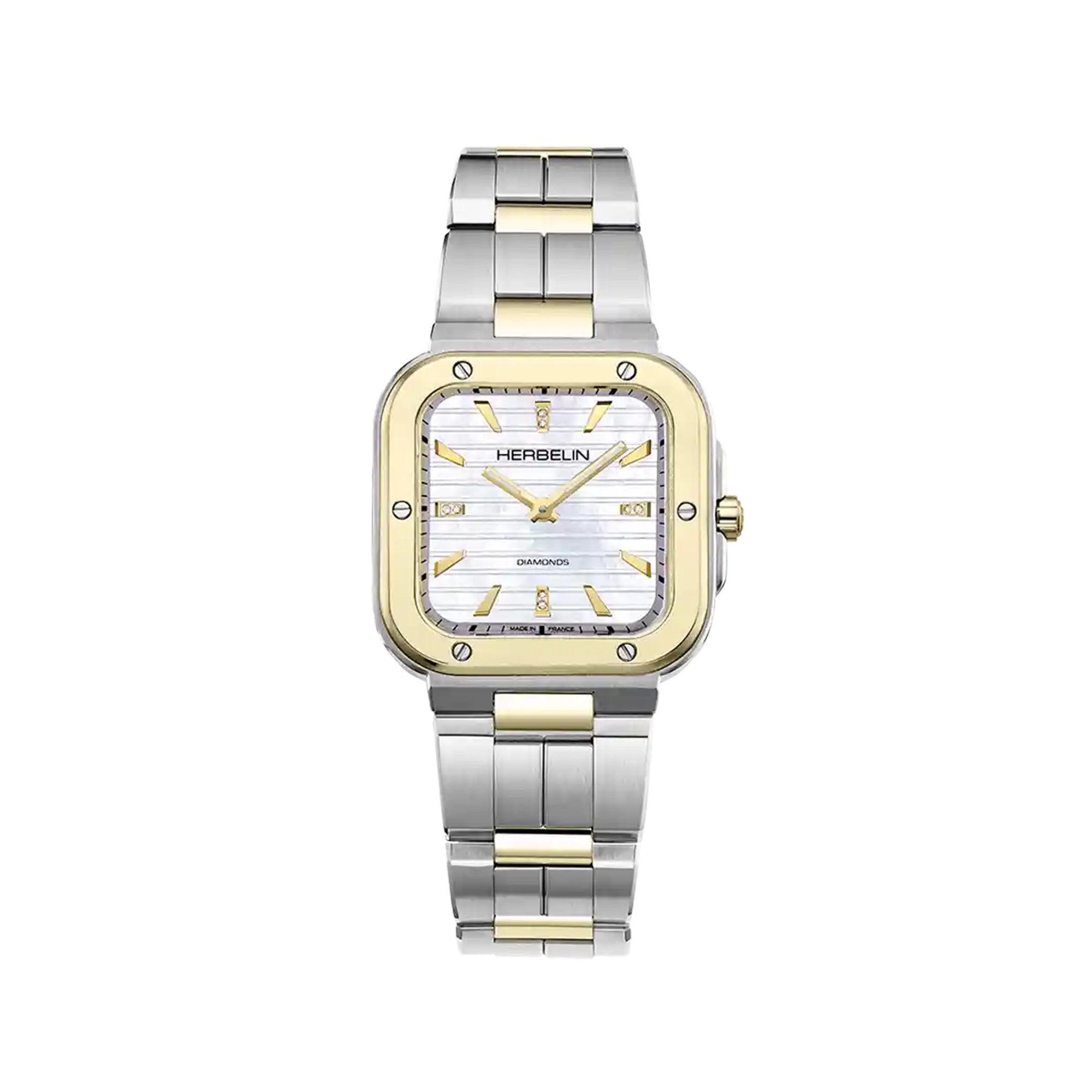 Cap Camarat, cadran nacre blanche, boîtier carré acier PVD or jaune, bracelet acier bicolore