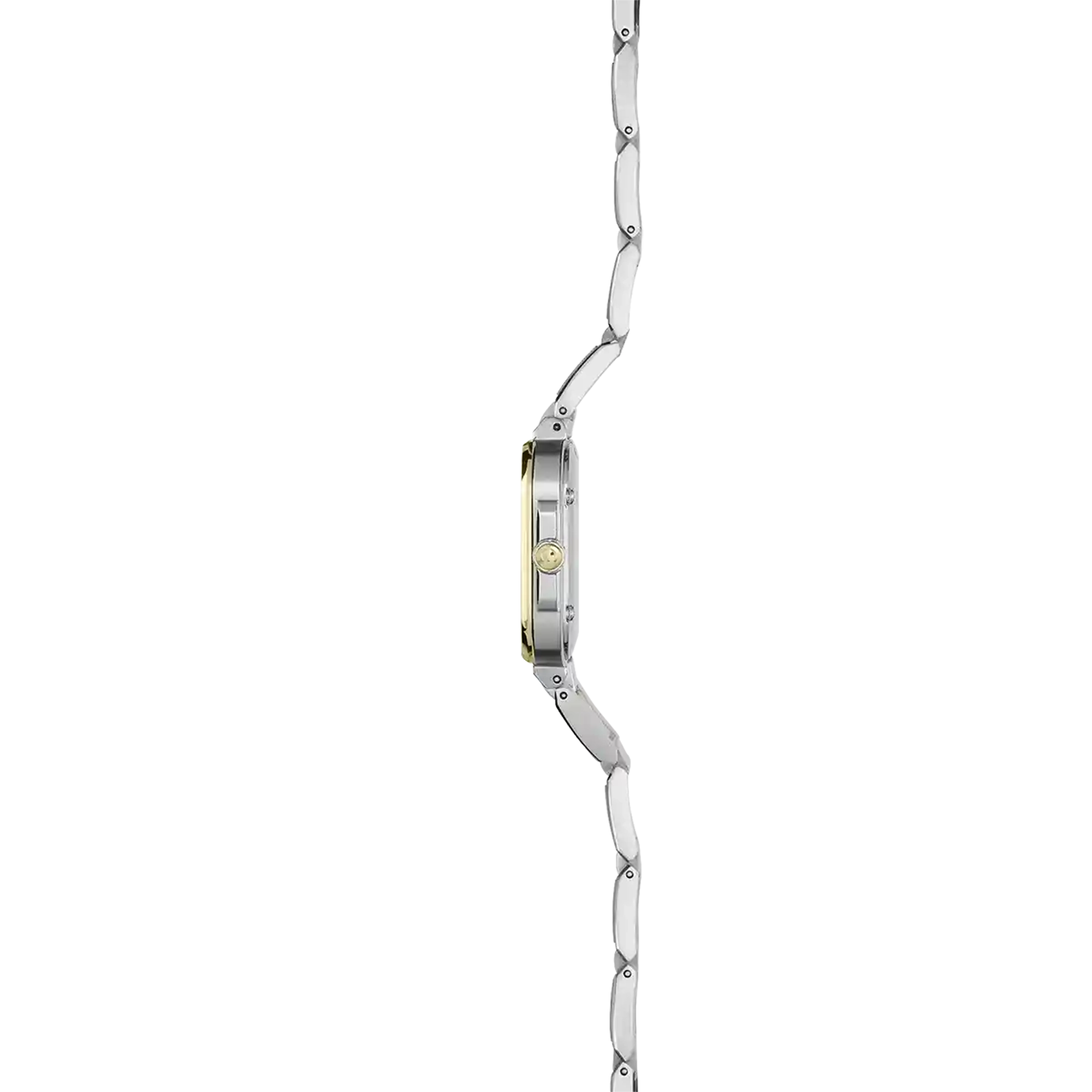 Vue de profil, tranche acier PVD or jaune, couronne et attaches du bracelet acier bicolore