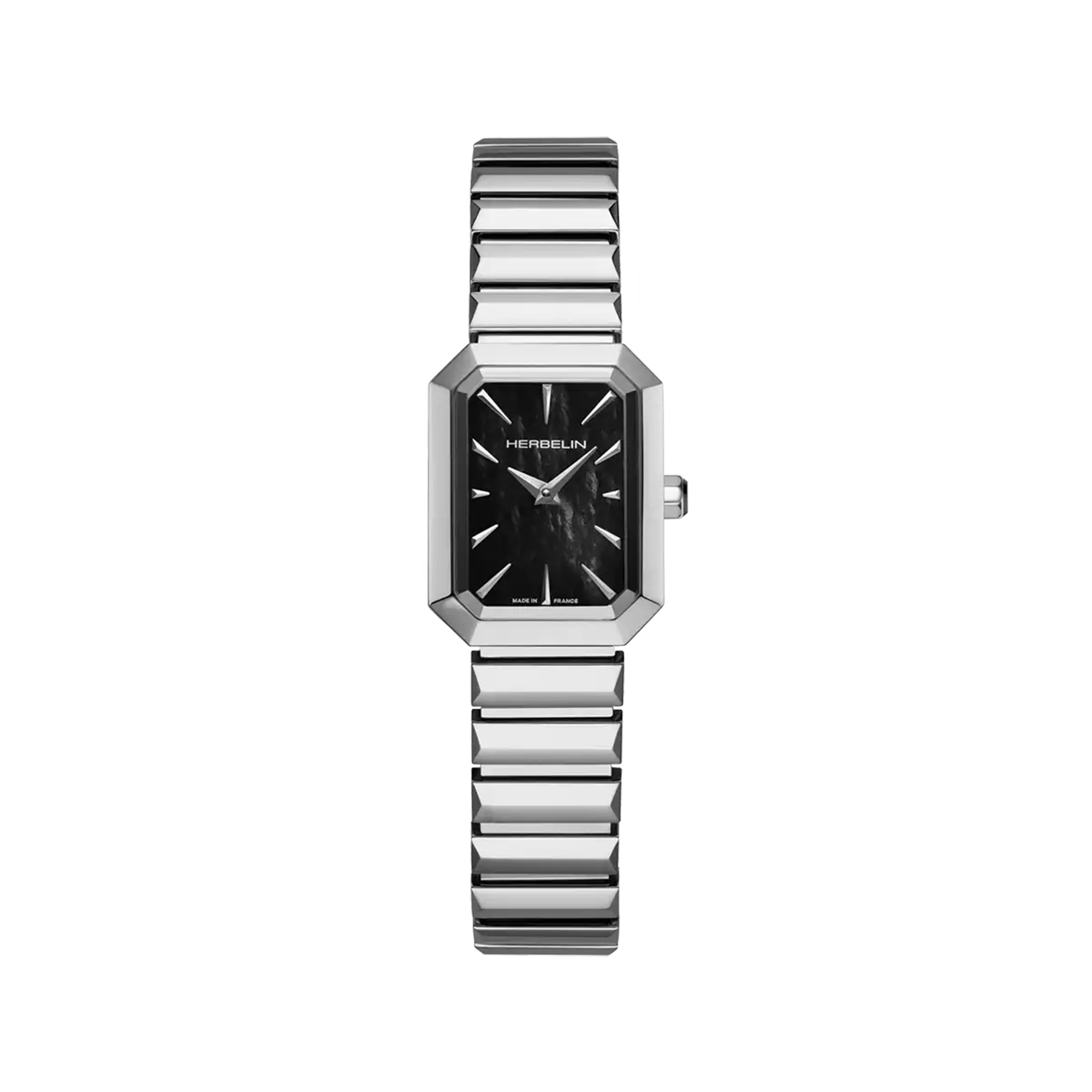 Octogône, cadran nacre noire, boîtier rectangle acier, bracelet acier