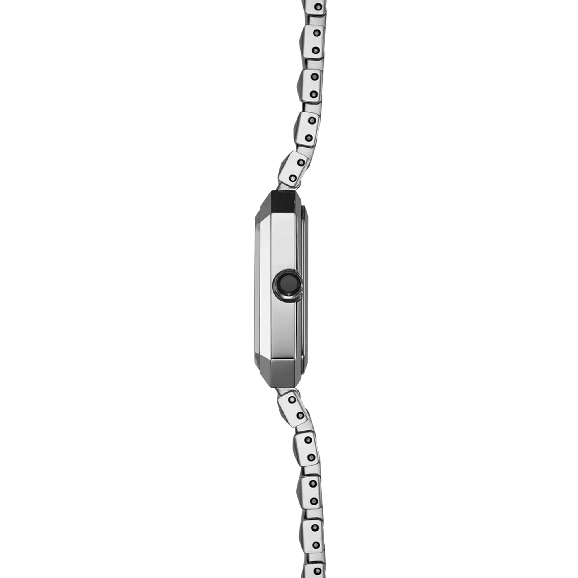 Vue de profil, tranche acier, couronne et attaches du bracelet acier