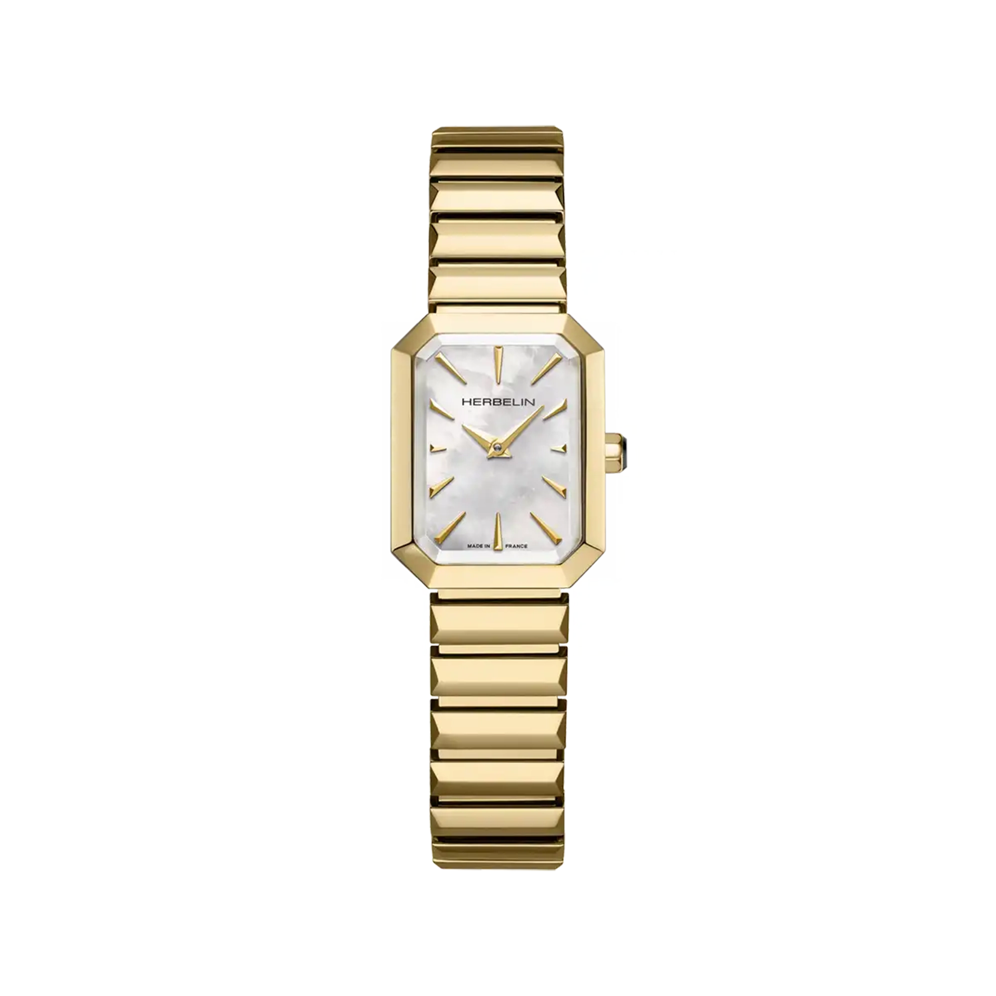 Octogône, cadran nacre blanche, boîtier rectangle acier PVD or jaune, bracelet acier bicolore
