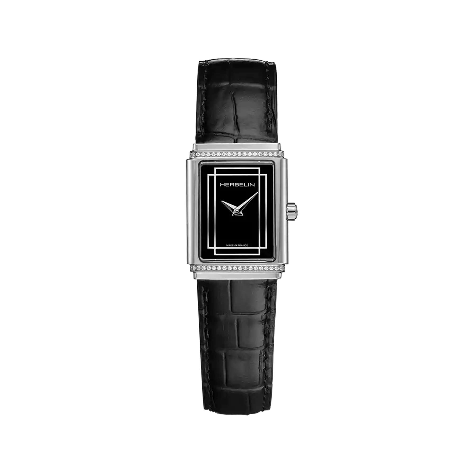 Art Déco, cadran laqué noir, boîtier rectangle acier, bracelet cuir