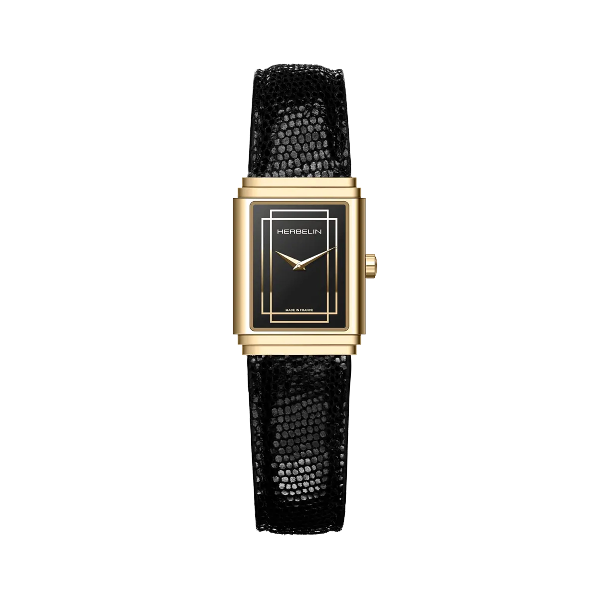 Art Déco, cadran laqué noir, boîtier rectangle acier PVD or jaune, bracelet cuir