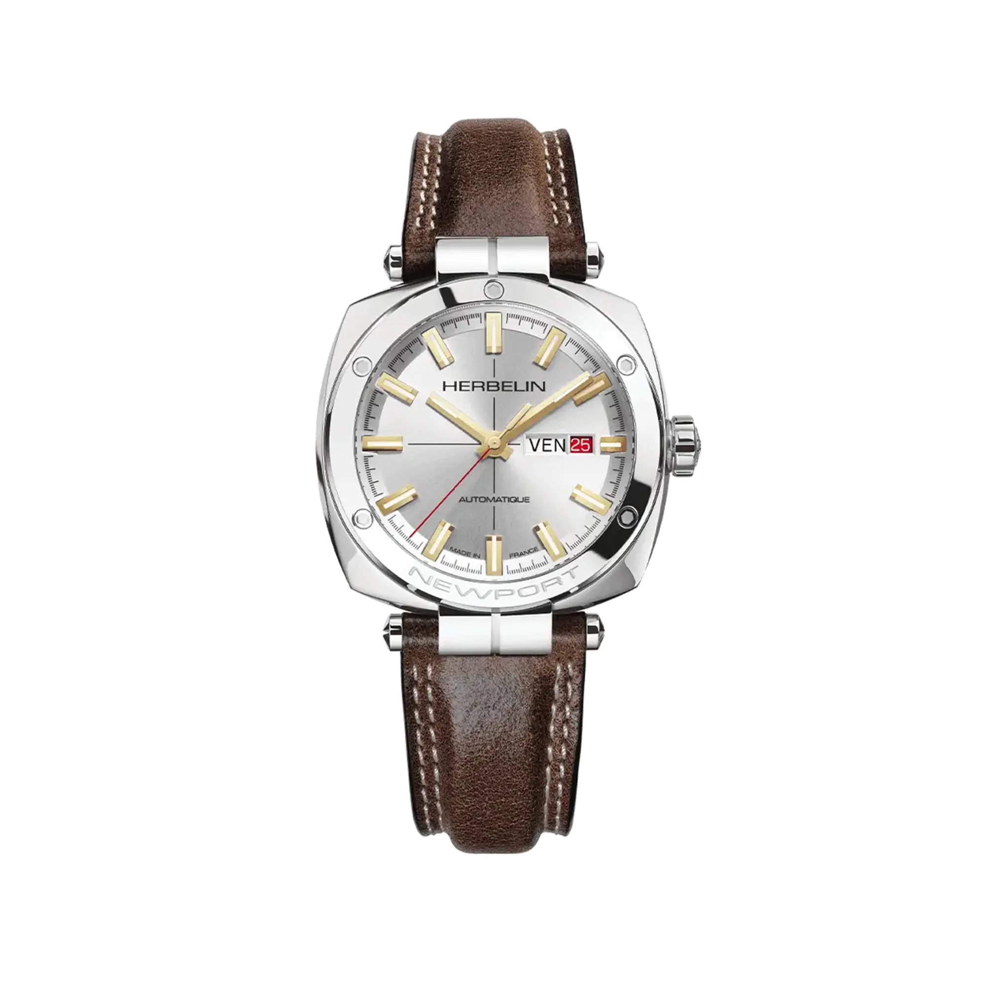 Newport, cadran argent, boîtier carré acier, bracelet cuir
