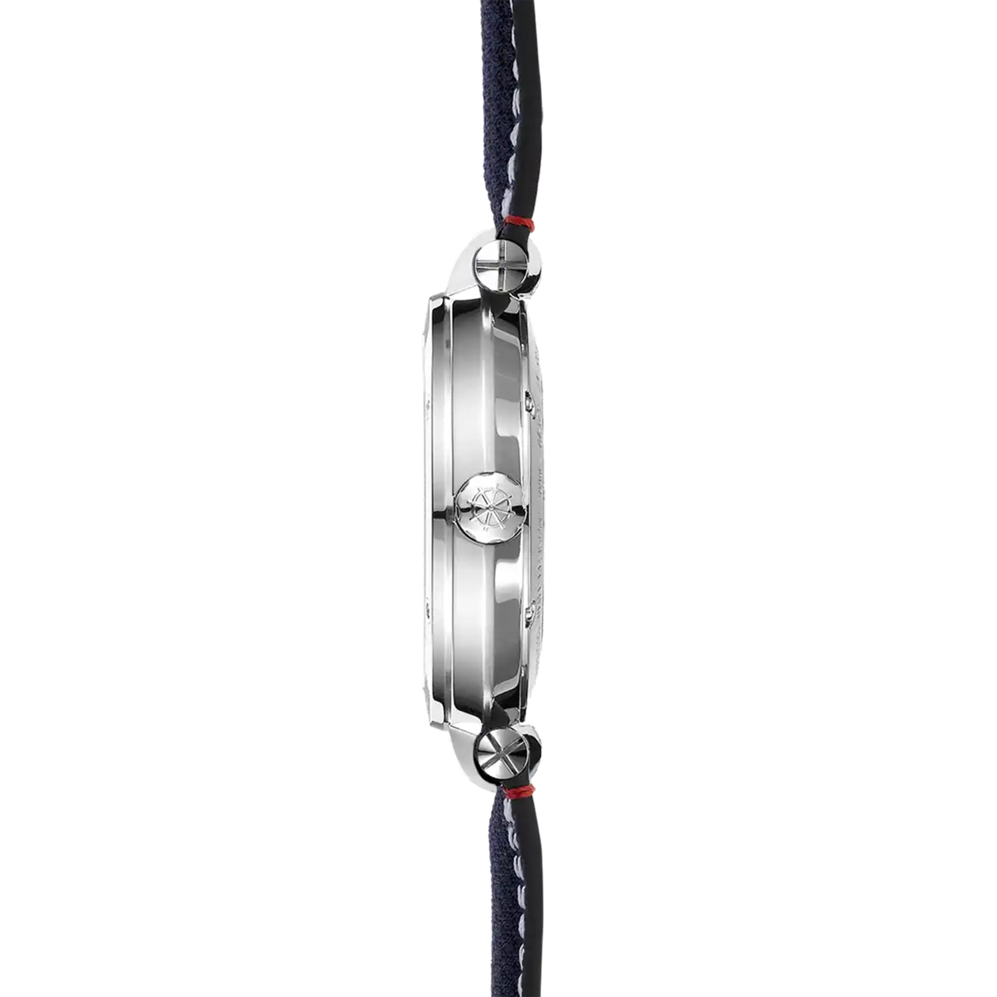 Vue de profil, tranche acier, couronne et attaches du bracelet textile