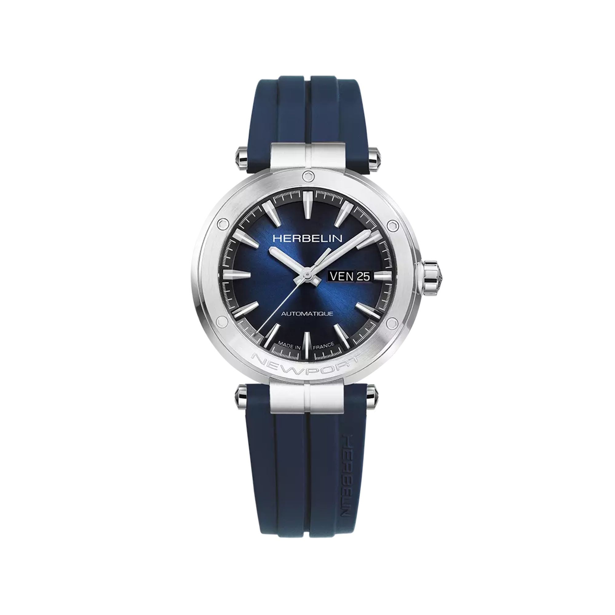 Newport, cadran dégradé noir bleu, boîtier acier rond, bracelet caoutchouc