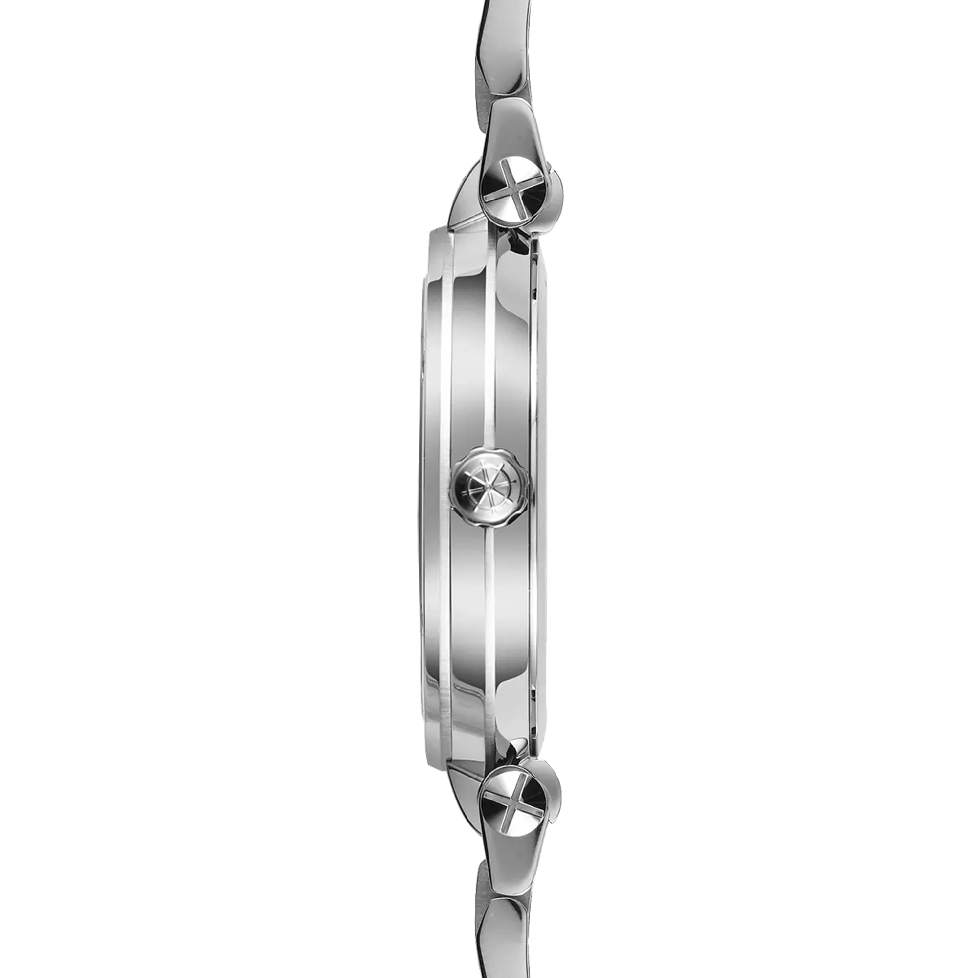 Vue de profil, tranche acier, couronne et attaches du bracelet acier