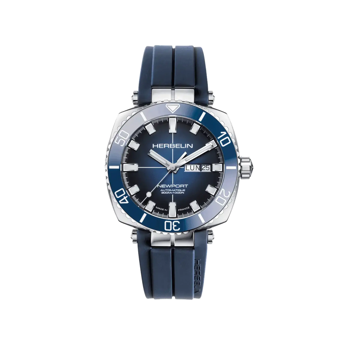 Newport, gradient black-blue dial, steel square case, rubber strap