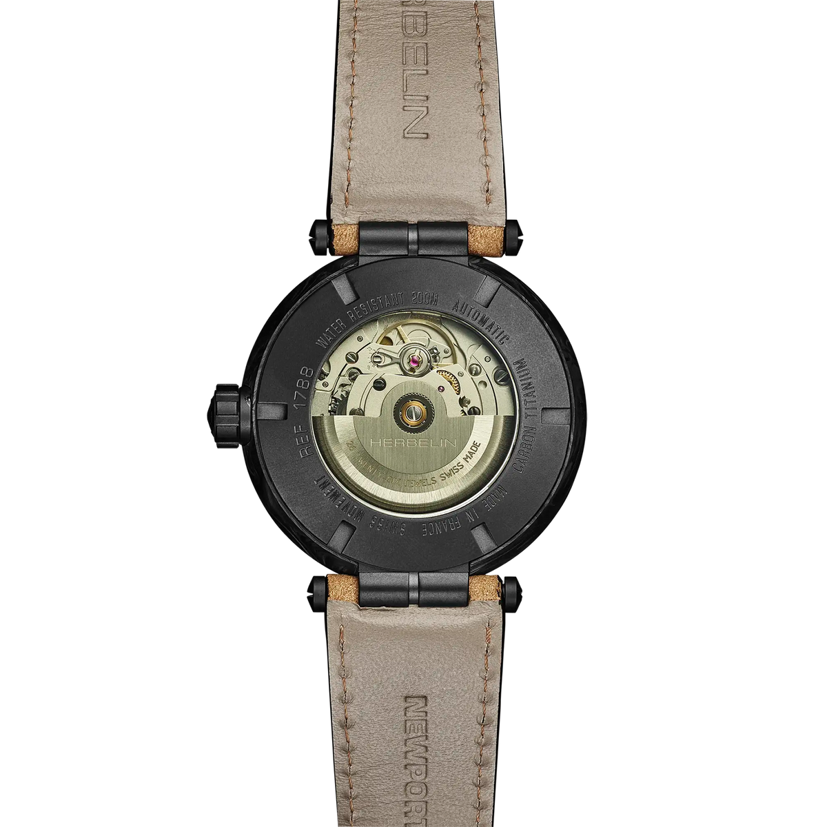 Case back of the Newport Carbon, titanium case back with visible automatic movement