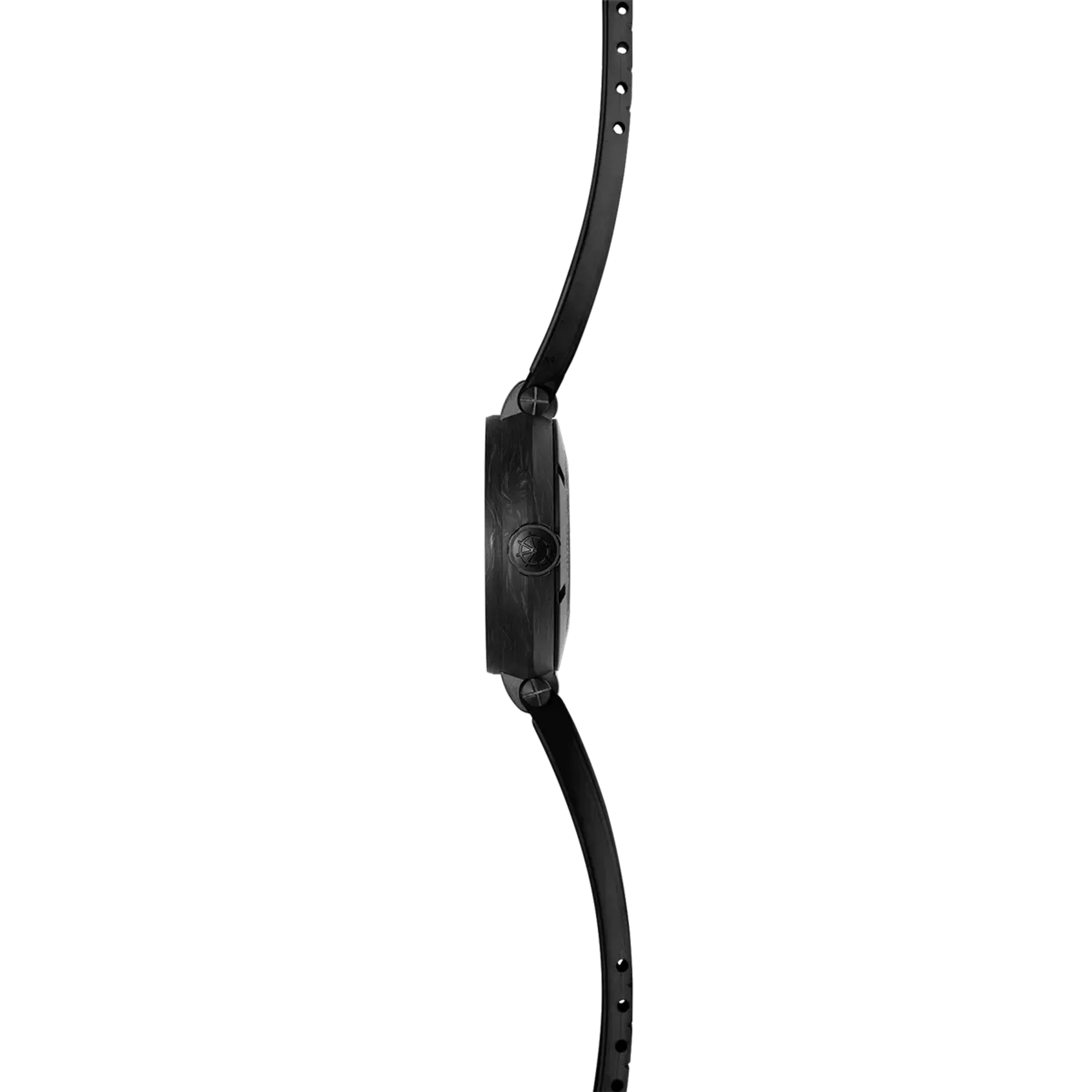 Vue de profil, tranche titane, couronne et attaches du bracelet caoutchouc