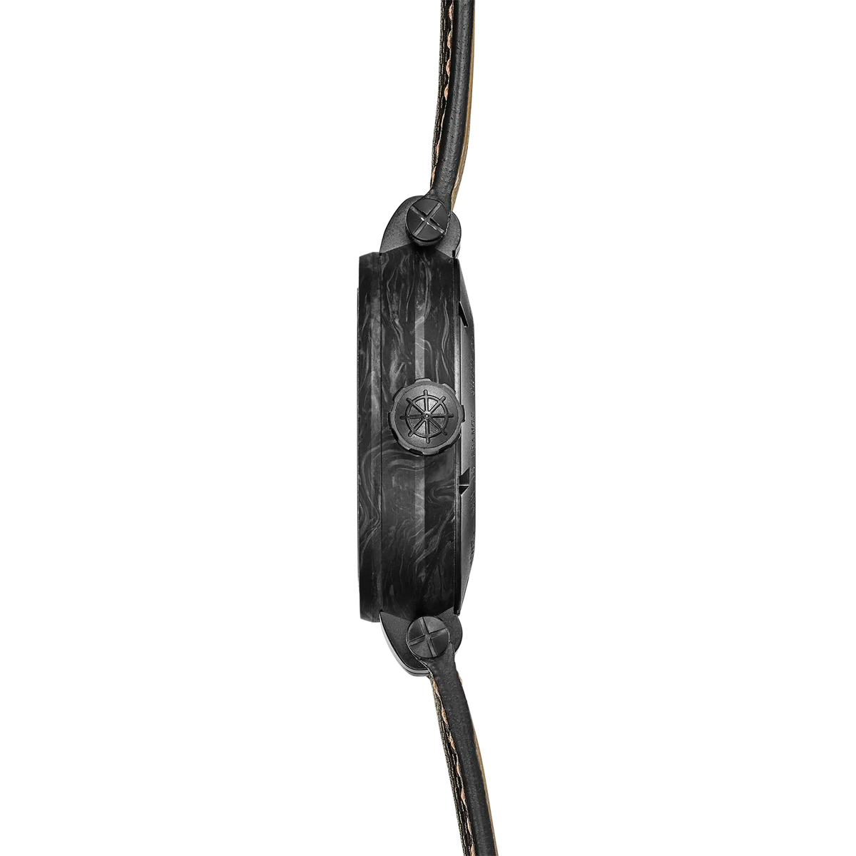 Seitenansicht, Titanflanke, Krone und Anstöße des Lederarmbands