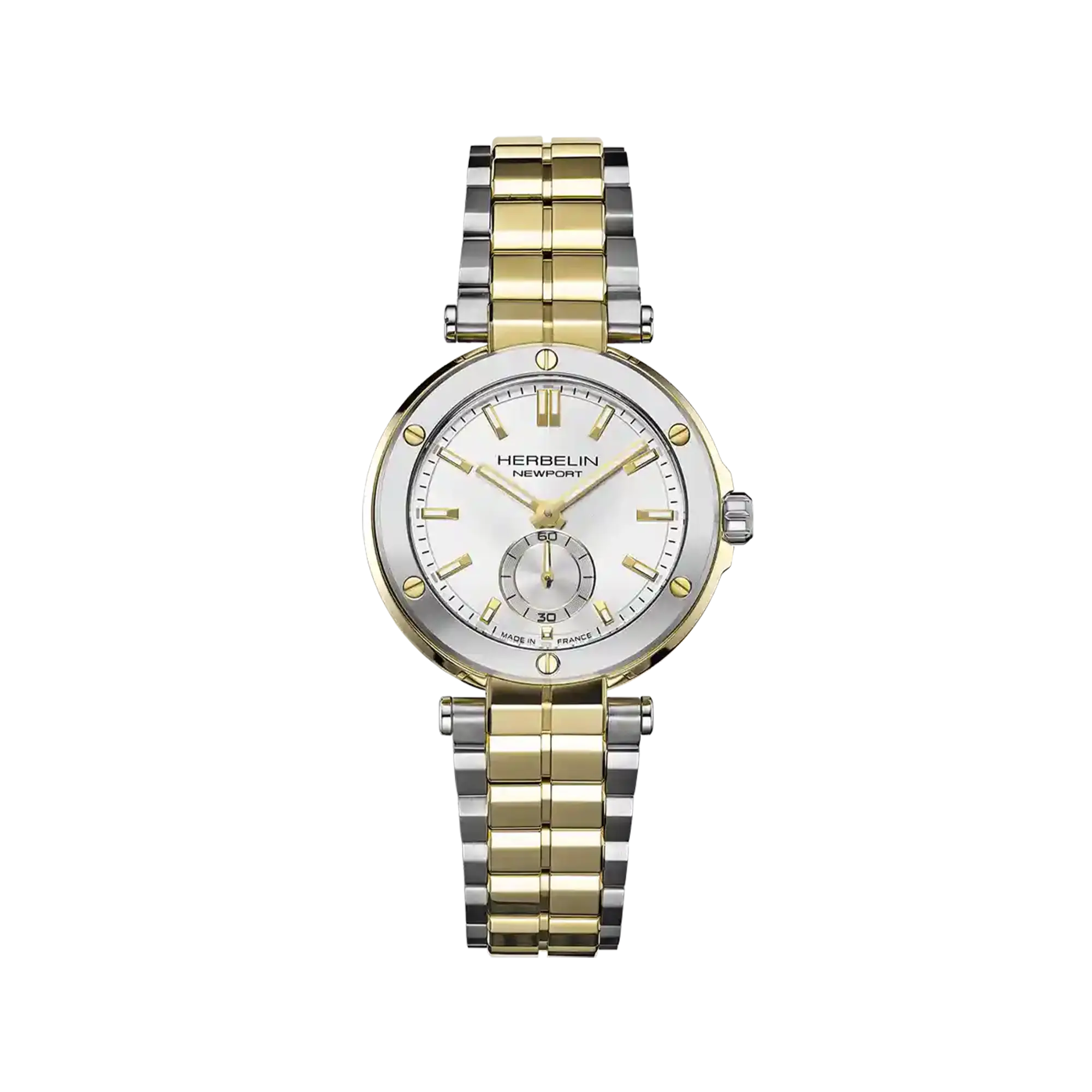Newport, cadran argent blanc, boîtier acier PVD or jaune rond, bracelet acier bicolore