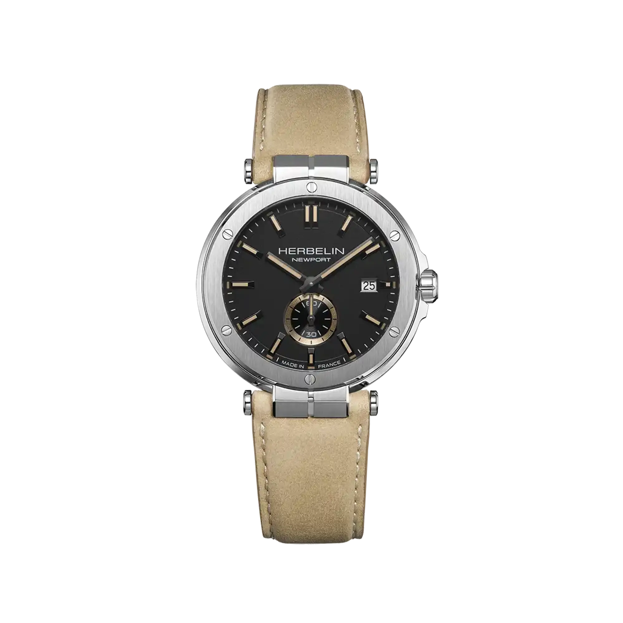 Newport, cadran noir mat, boîtier acier rond, bracelet cuir