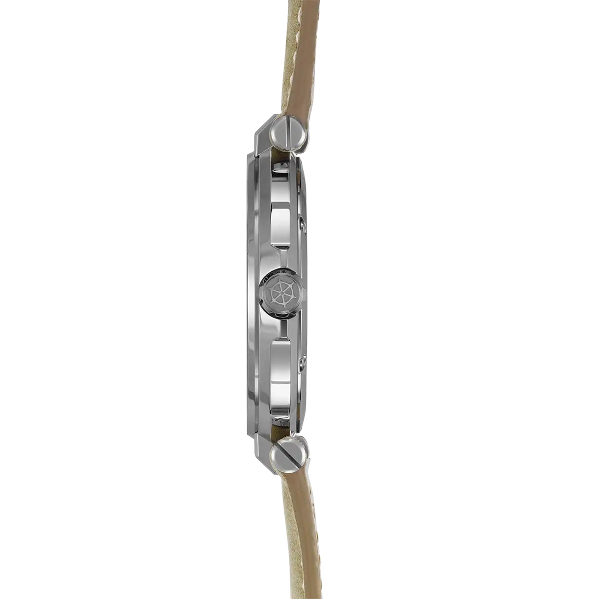 Vue de profil, tranche acier, couronne et attaches du bracelet cuir