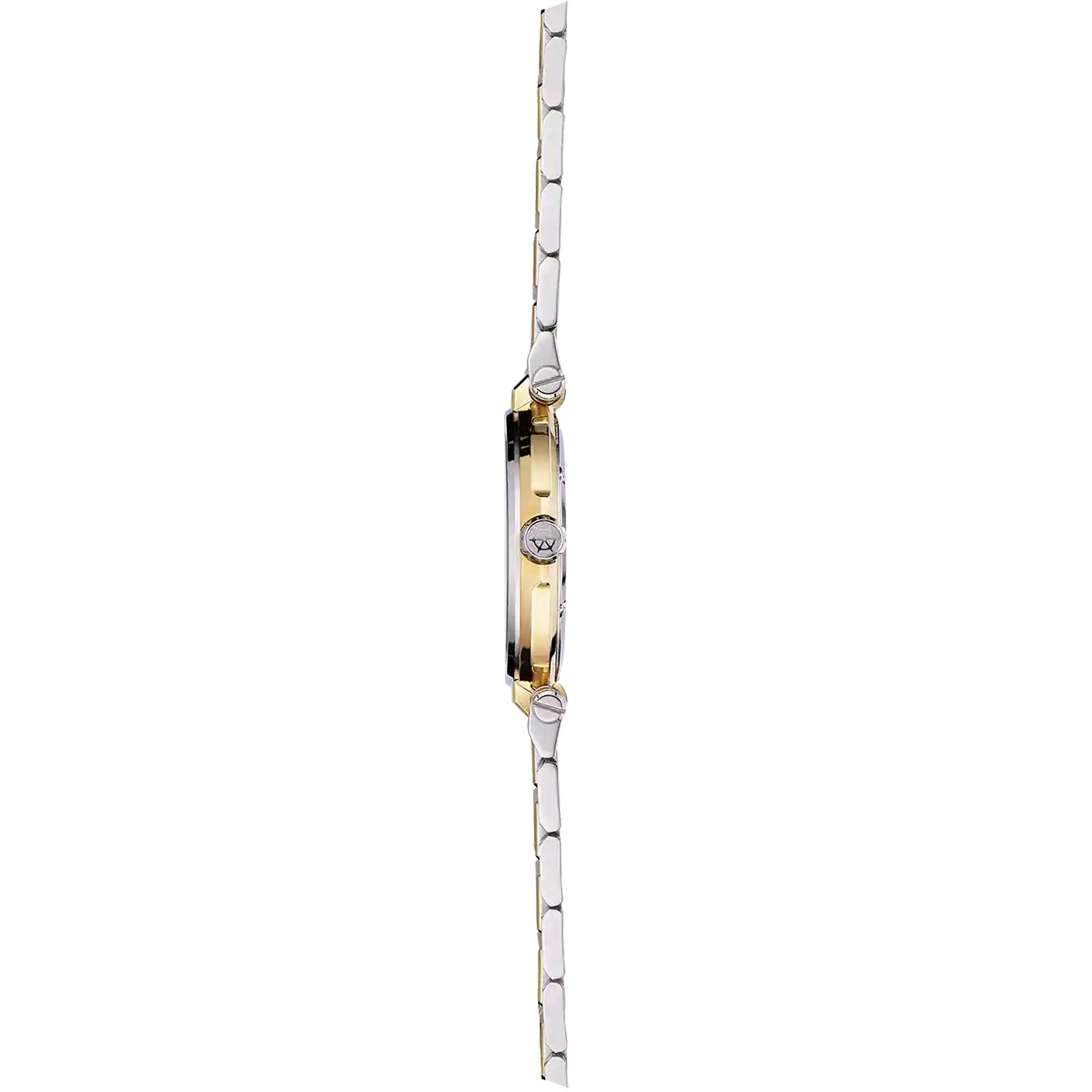 Vue de profil, tranche acier PVD or jaune, couronne et attaches du bracelet acier bicolore
