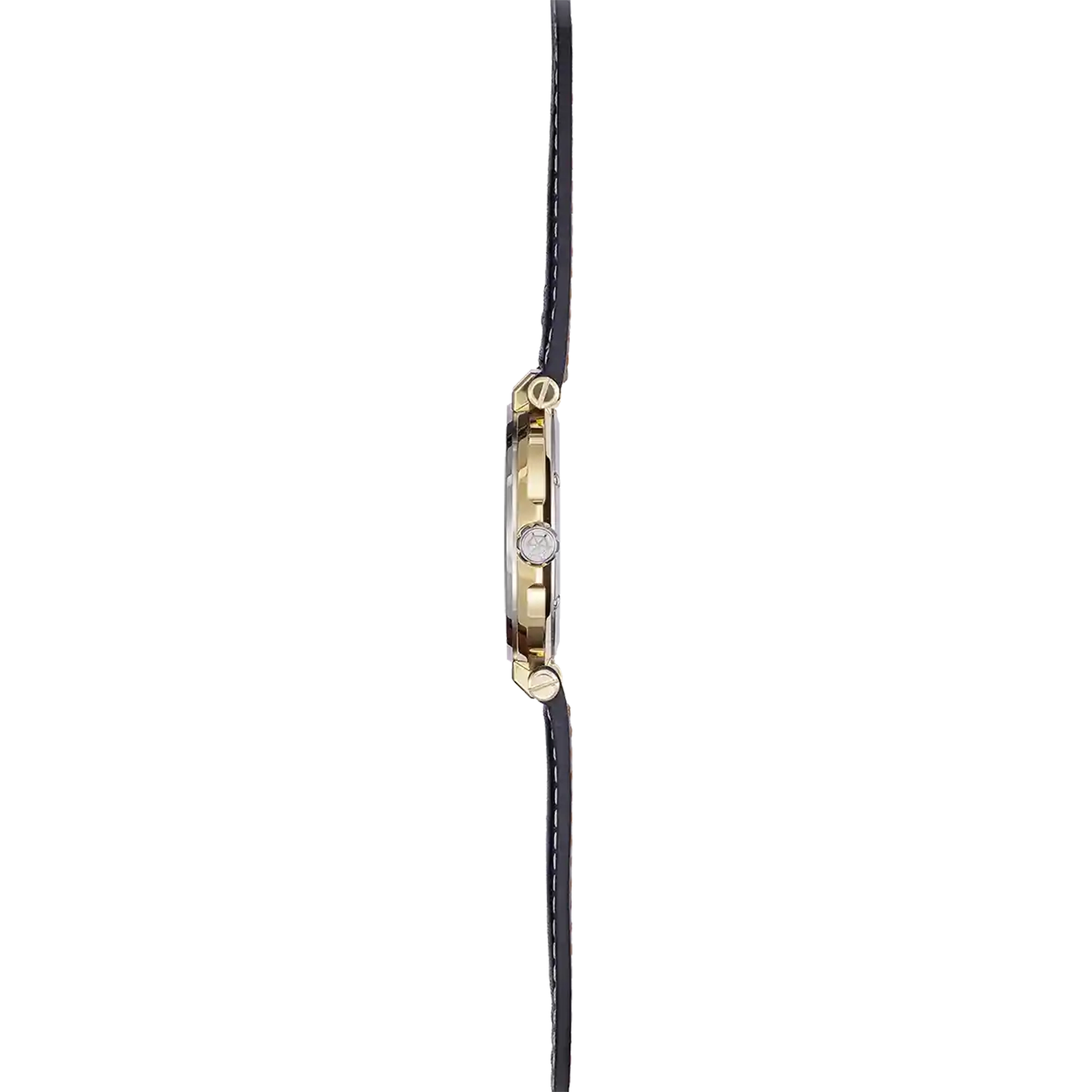 Vue de profil, tranche acier PVD or jaune, couronne et attaches du bracelet cuir